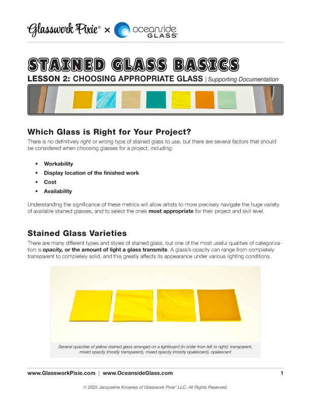 Supporting documentation file for Lesson 2 of Glasswork Pixie's Stained Glass Basics instructional course