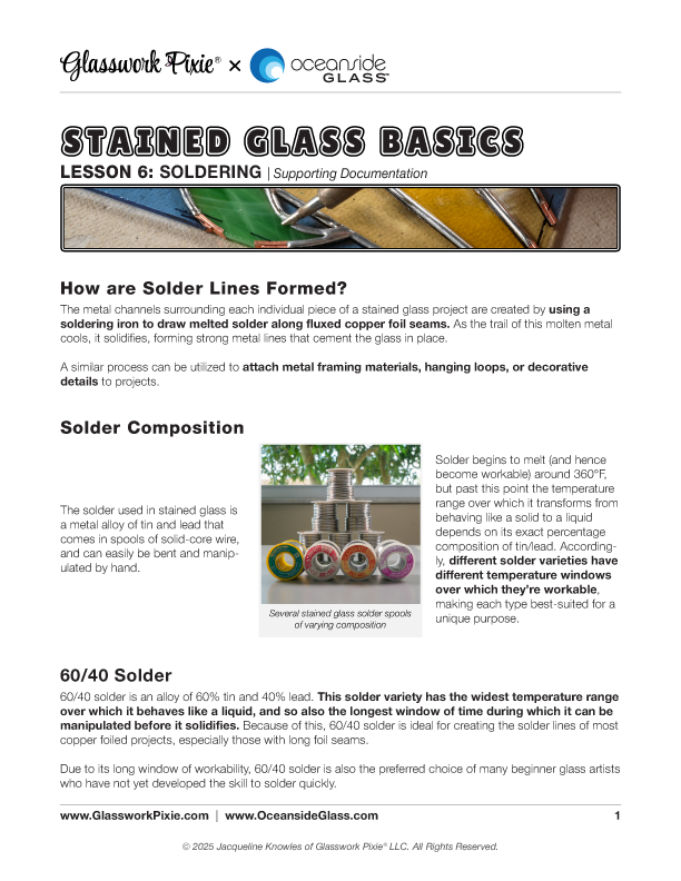 Supporting documentation file for Lesson 6 of Glasswork Pixie's Stained Glass Basics instructional course