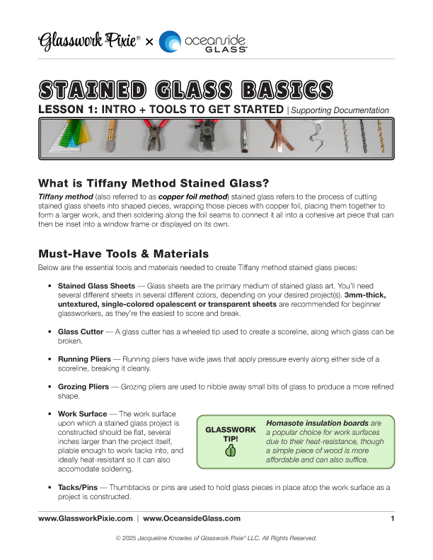 Supporting documentation file for Lesson 1 of Glasswork Pixie's Stained Glass Basics instructional course