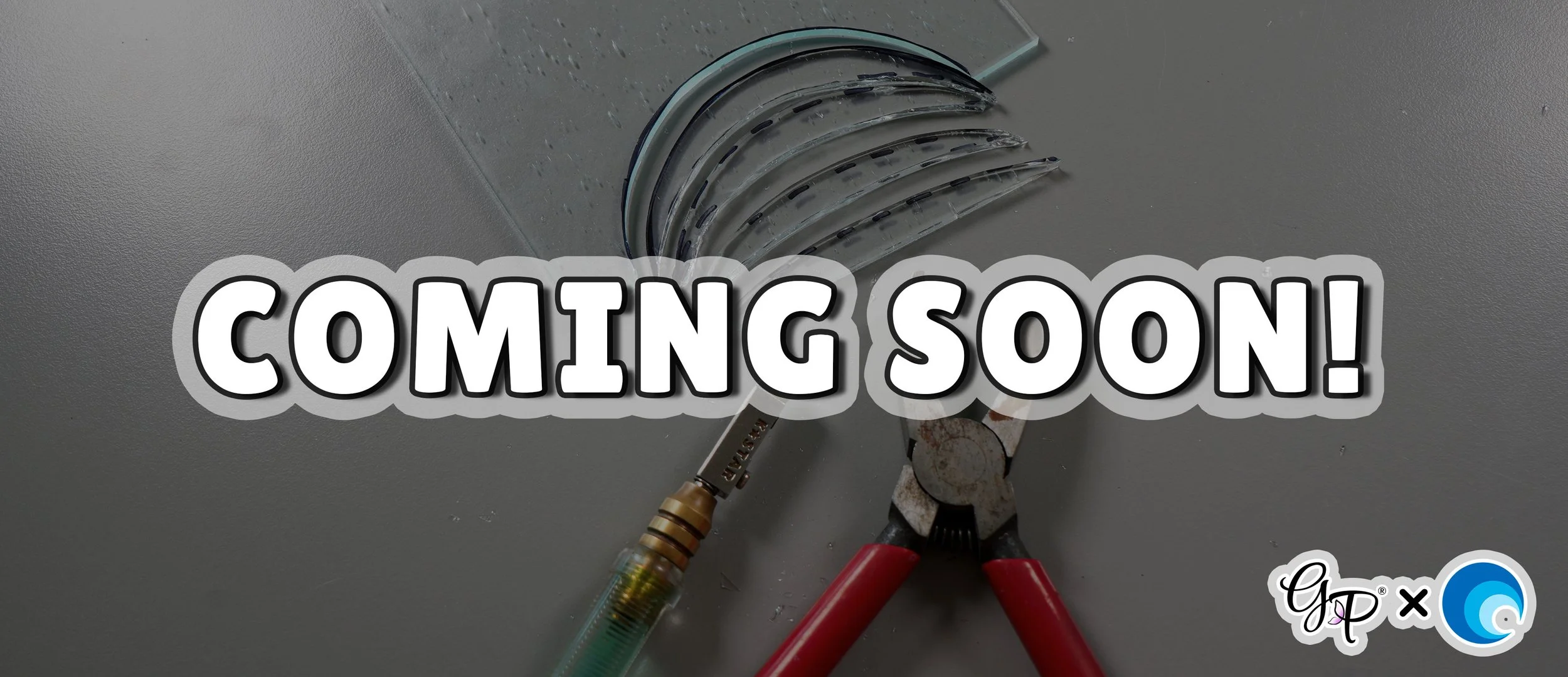 A deep curve cut into a stained glass sheet, next to a glass cutter and grozing pliers with 'COMING SOON' text overlay