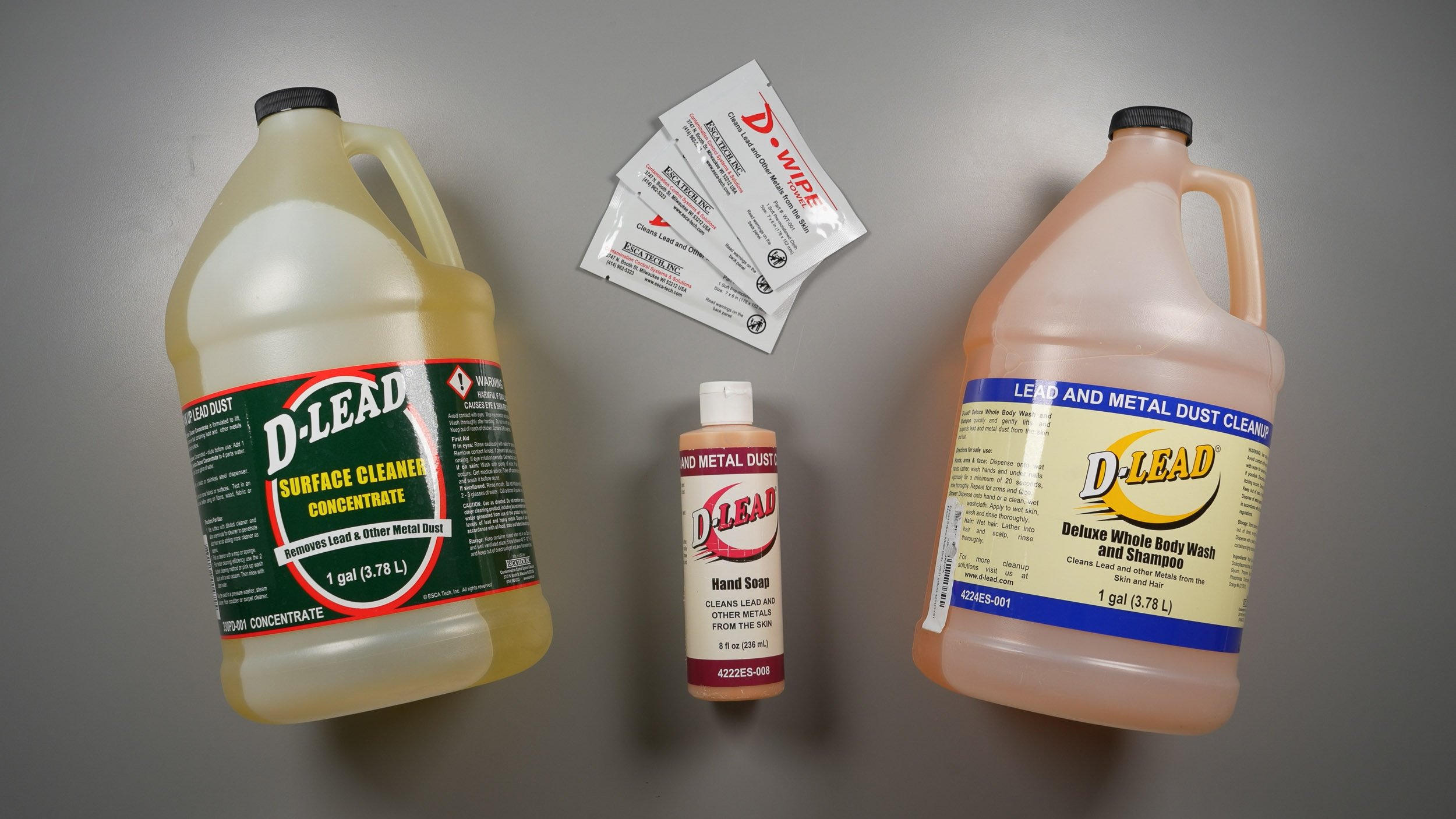 Bottles of de-leading surface cleaner, body wash/shampoo, hand soap, and wet wipes