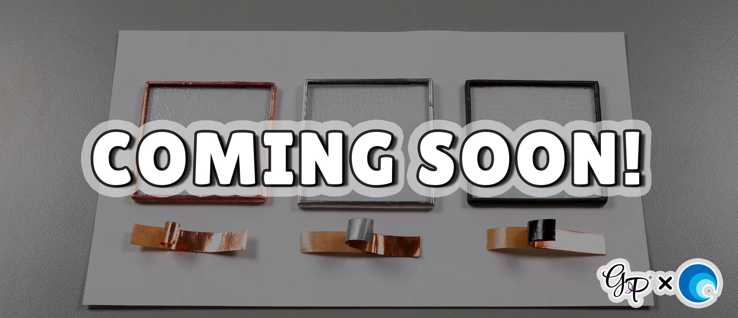 Three stained glass squares, each of which has either silver, black, or copper-backed foil and patina applied to it