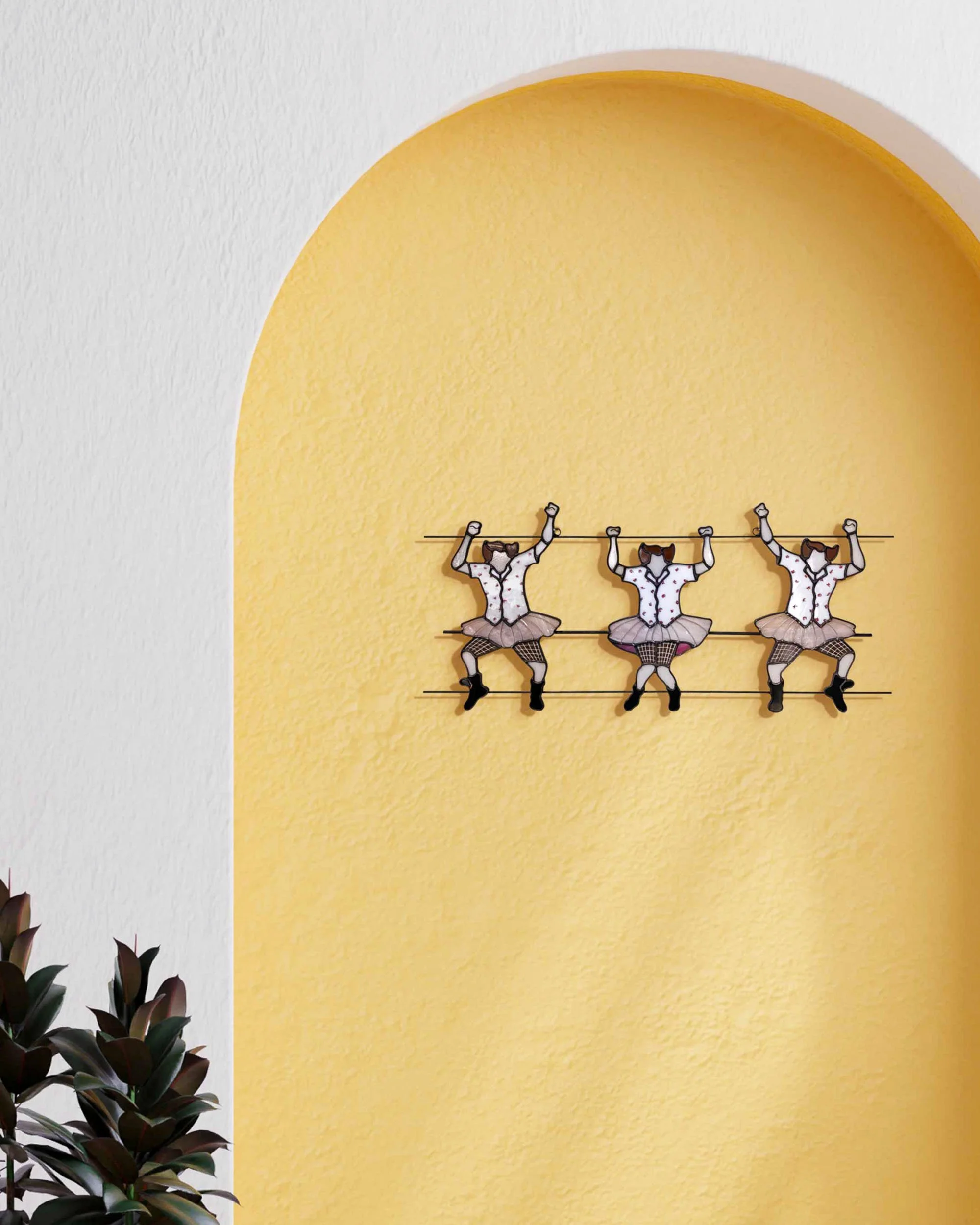 A stained glass art piece depicting a dancing Ace Ventura wearing a pink tutu