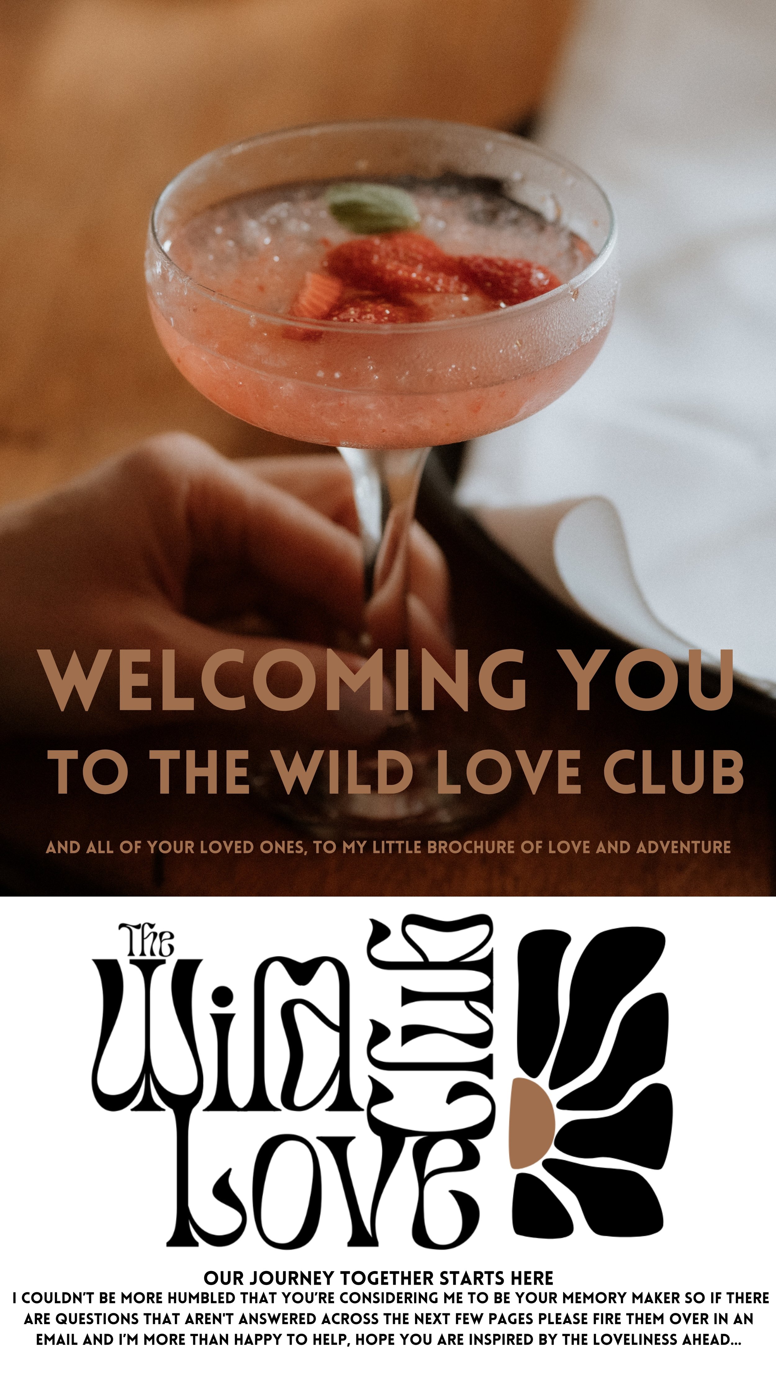 A person holding a cocktail garnished with strawberries and a green leaf, accompanied by a welcome message for "The Wild Love Club." The text expresses excitement about beginning a journey and offers assistance via email.