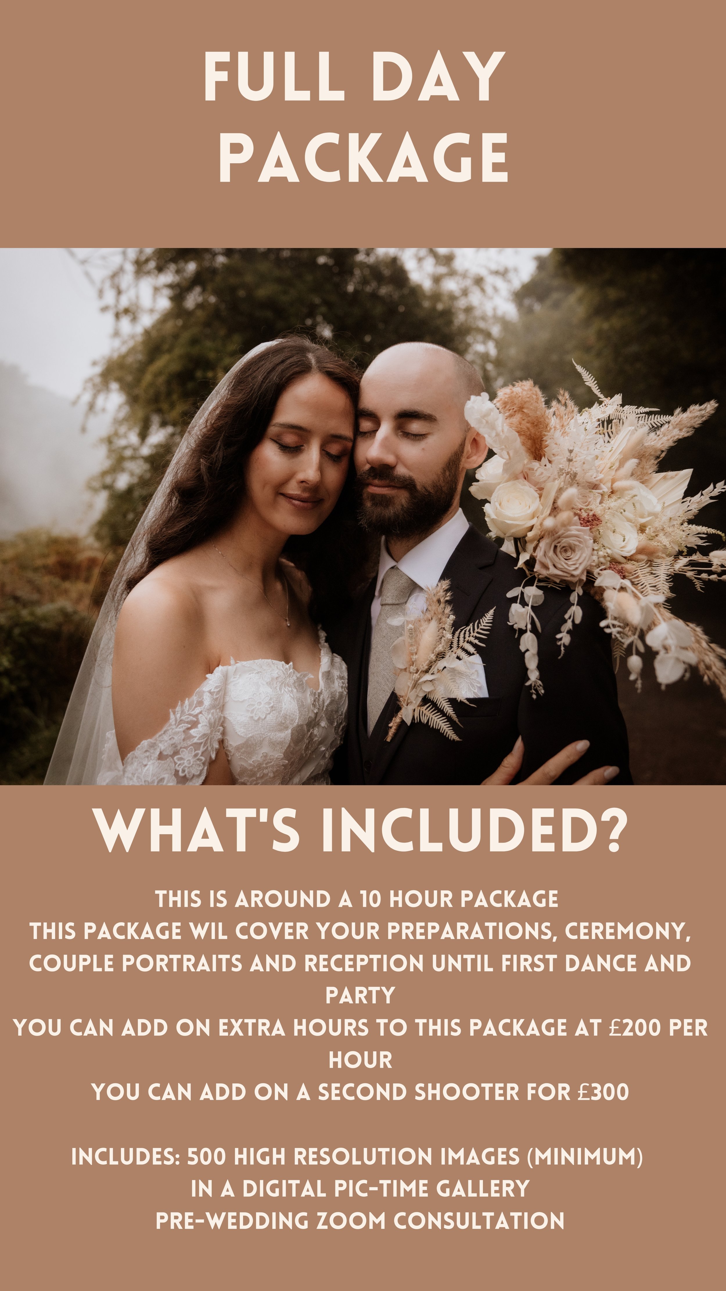 Bride and groom embracing, text above and below offering details of a full day wedding photography package.