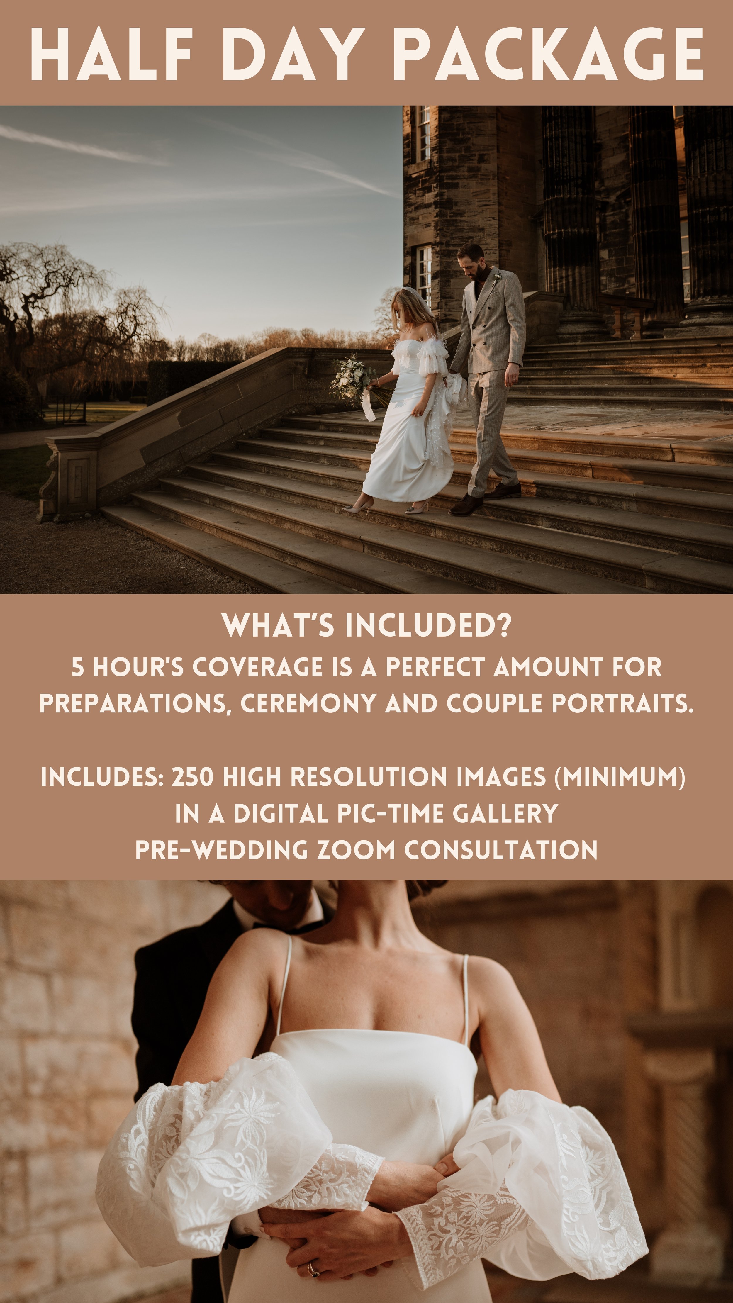 Wedding package advertisement featuring a couple on stone steps. Includes details on a half-day wedding photography package with 5 hours of coverage, 250 high-resolution images in a digital gallery, and a pre-wedding Zoom consultation.