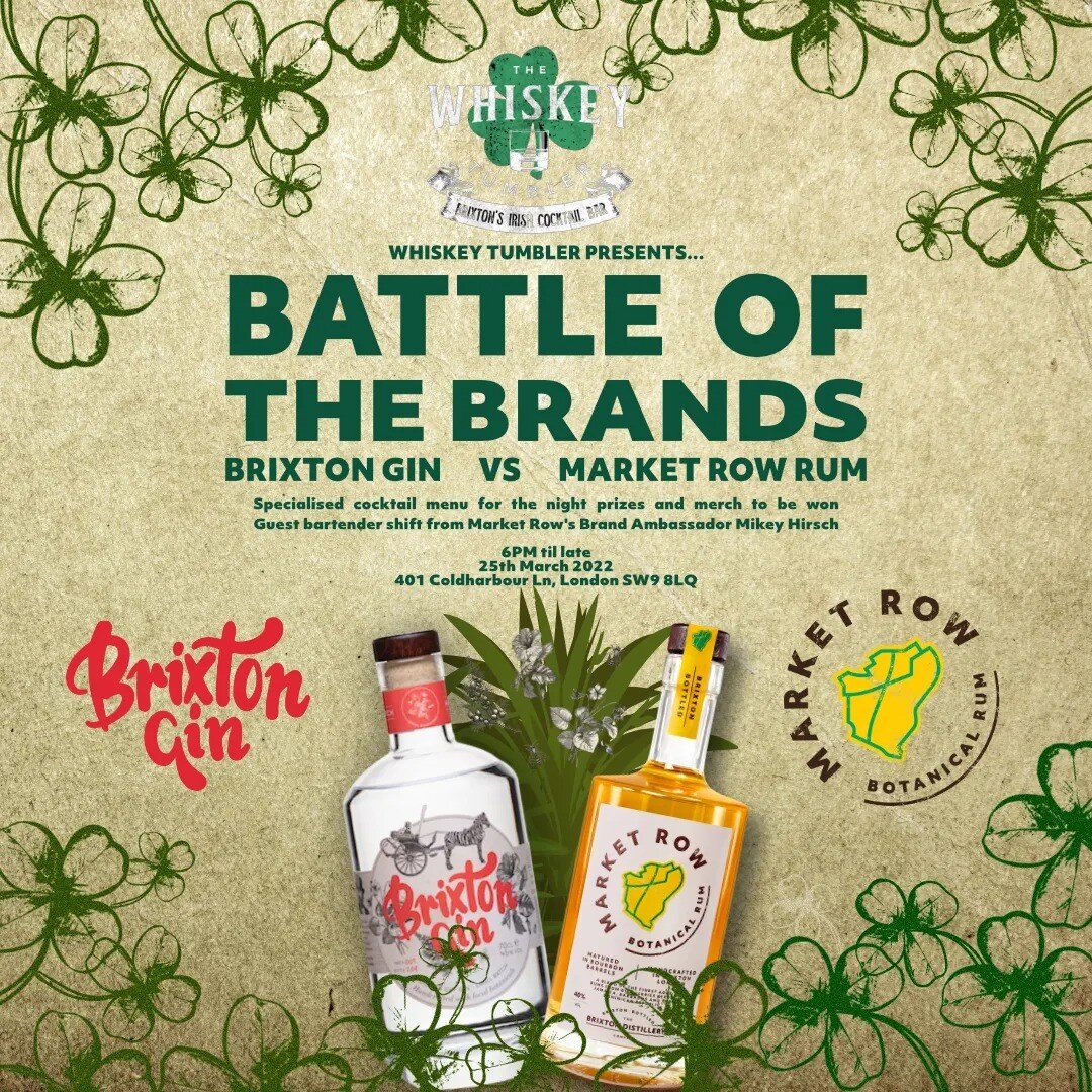 A battle of Gin vs. Rum in a Whiskey Bar? Sounds like a perfect Friday night to us! 

That's right it's the big one, Brixtons very own Market Row Rum and Brixton Gin are going head to head THIS FRIDAY at The Whiskey Tumbler. 

Come and taste the best