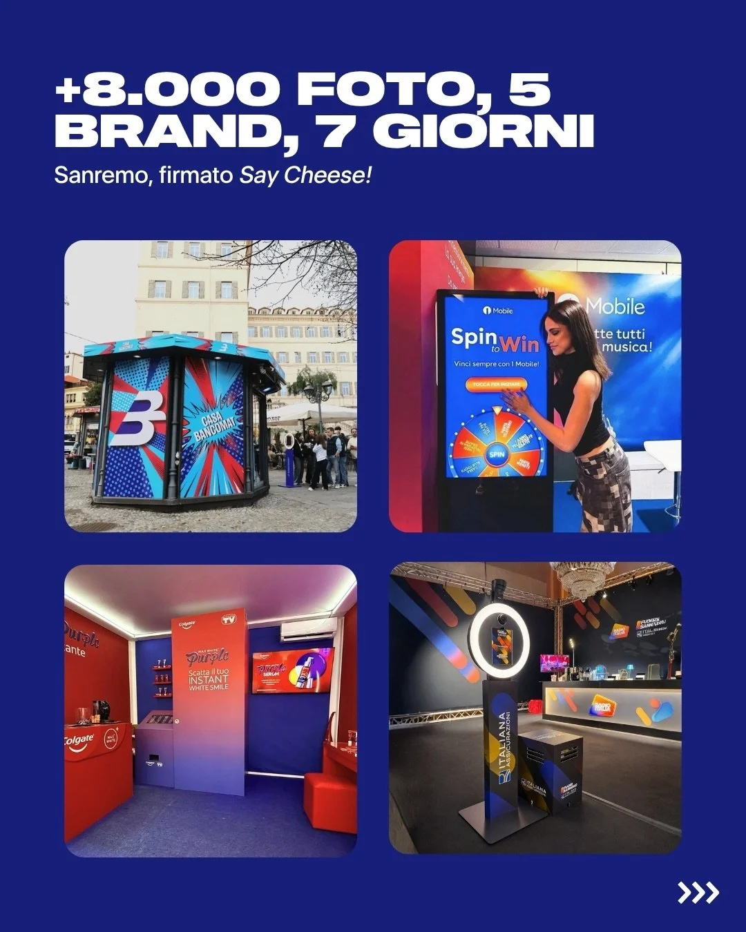 Case Study: Sanremo 2026 &mdash; 5 brand, 16.000 persone, 7 giorni.

A Sanremo 2026 abbiamo gestito 5 attivazioni in contemporanea: 3 photo booth, 1 cabina fotografica coreana e 1 Spin to Win game. Cinque esperienze diverse. Una sola squadra.

16.000