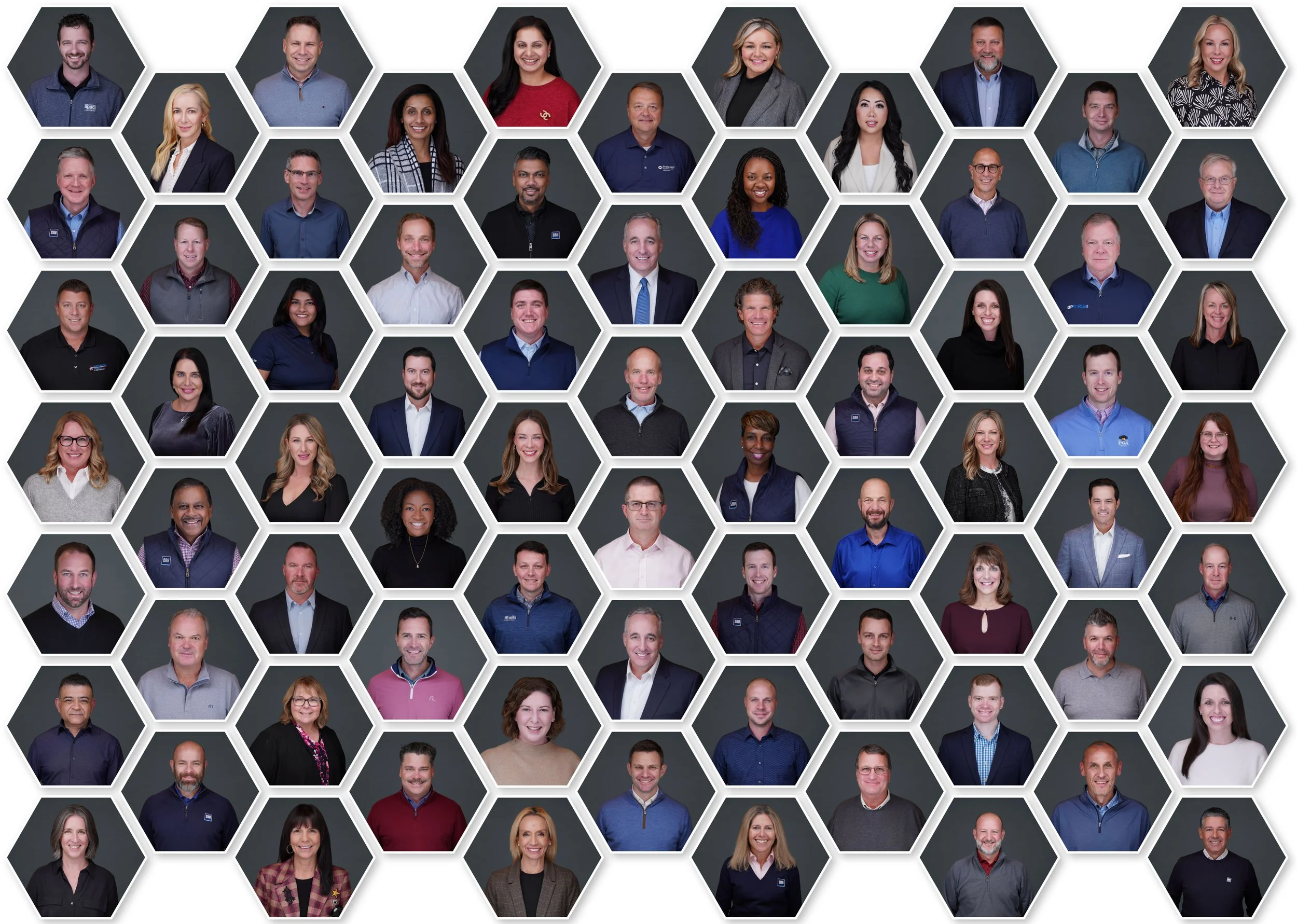 A collage of professional headshots featuring diverse men and women, arranged in hexagonal frames, against a dark grey background.