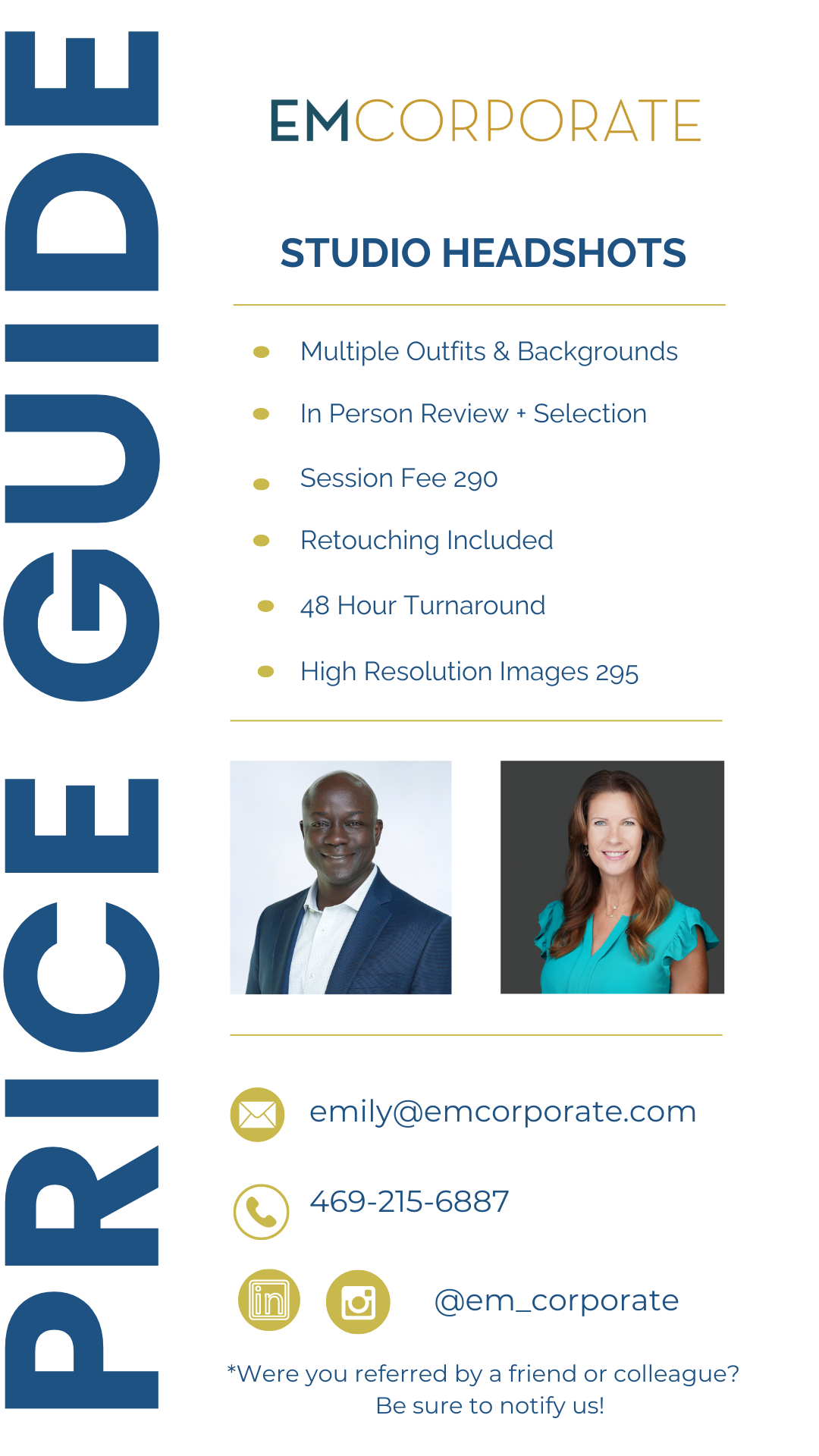 Business flyer for EM Corporate studio headshots featuring a man in a suit and a woman in a turquoise blouse, contact information, and list of services.