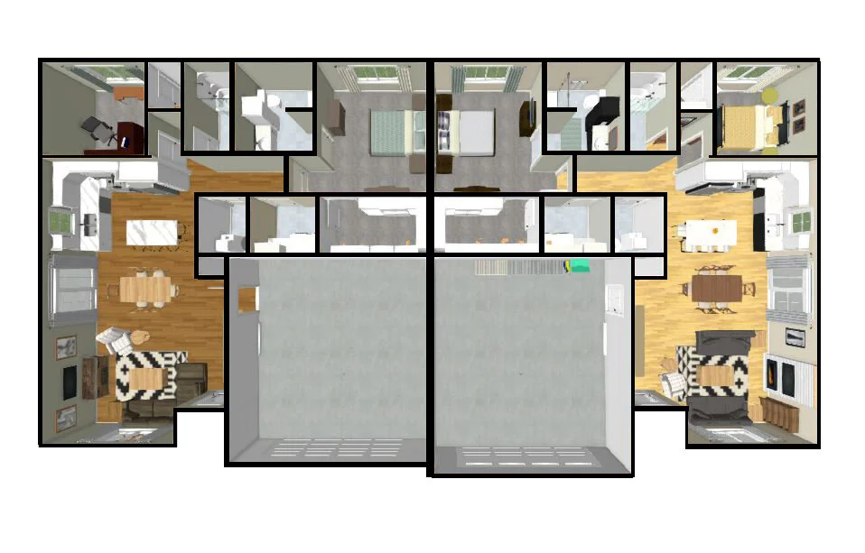 Top-down view of a house floor plan with two garages, multiple bedrooms, bathrooms, living areas, a dining room, and a kitchen.