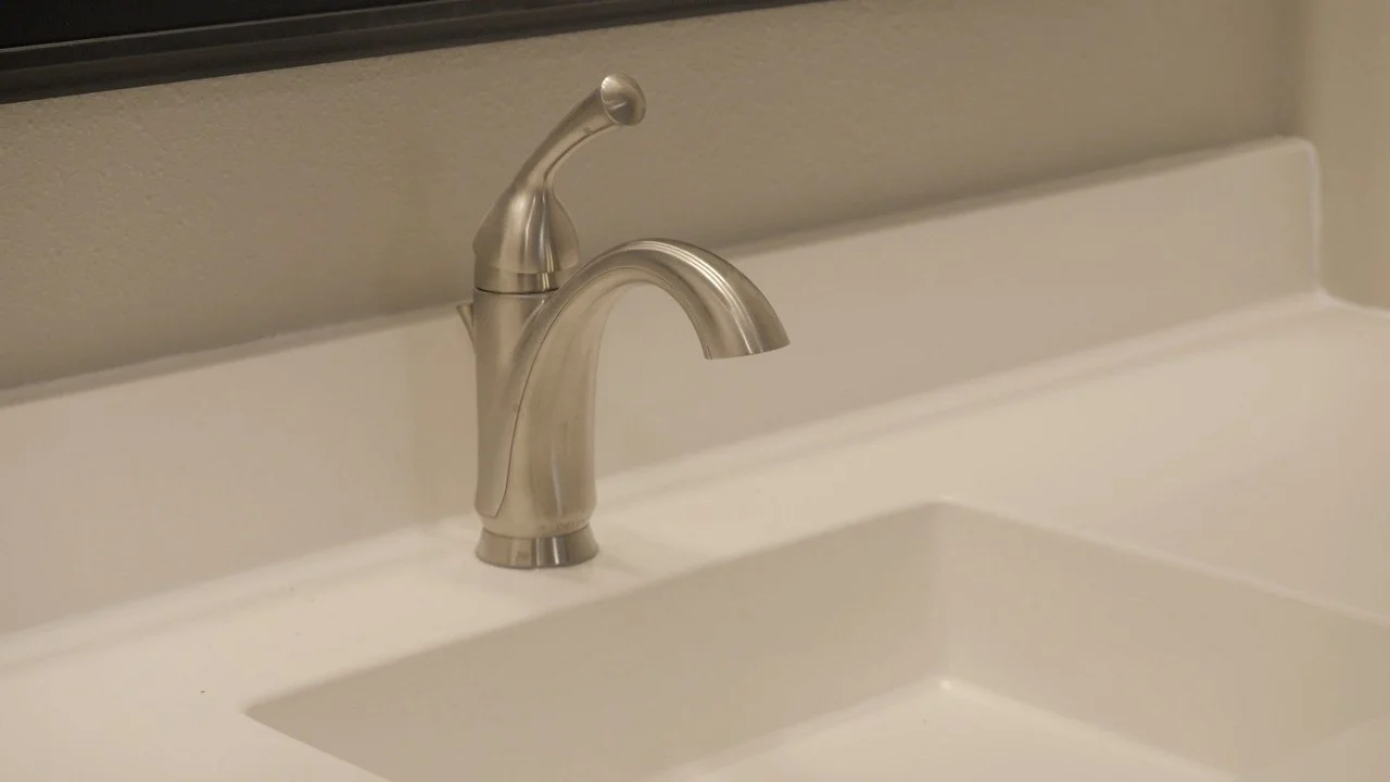 Bathroom sink with a modern brushed nickel faucet installed on a white countertop and a beige wall behind it.