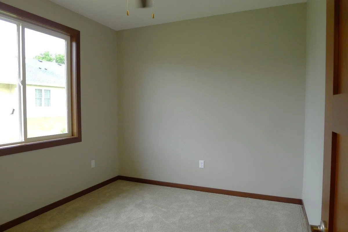 Empty room with beige carpet, light green walls, a large window, and a ceiling fan with pull chains.