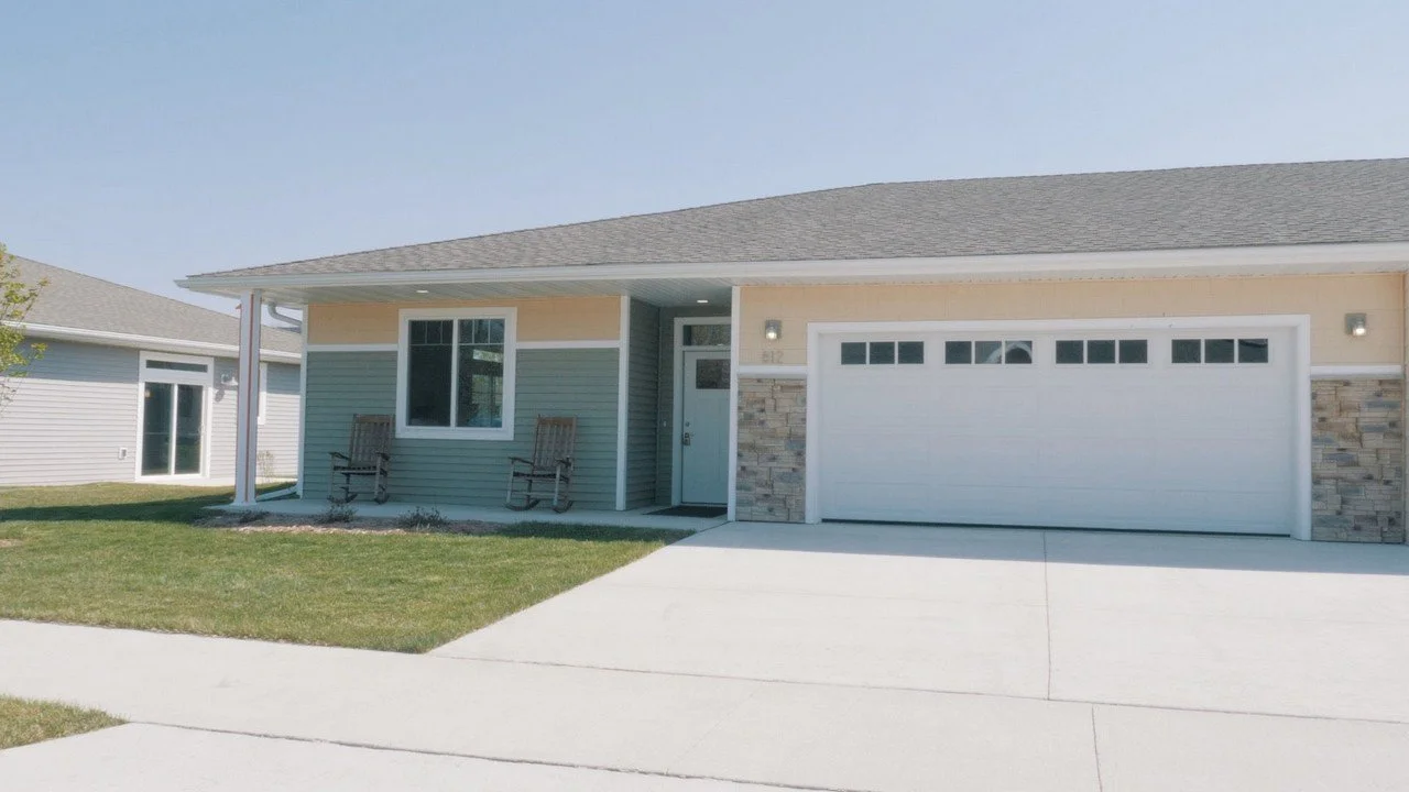 Front view of a modern house with a two-car garage, front lawn, and two porch chairs.