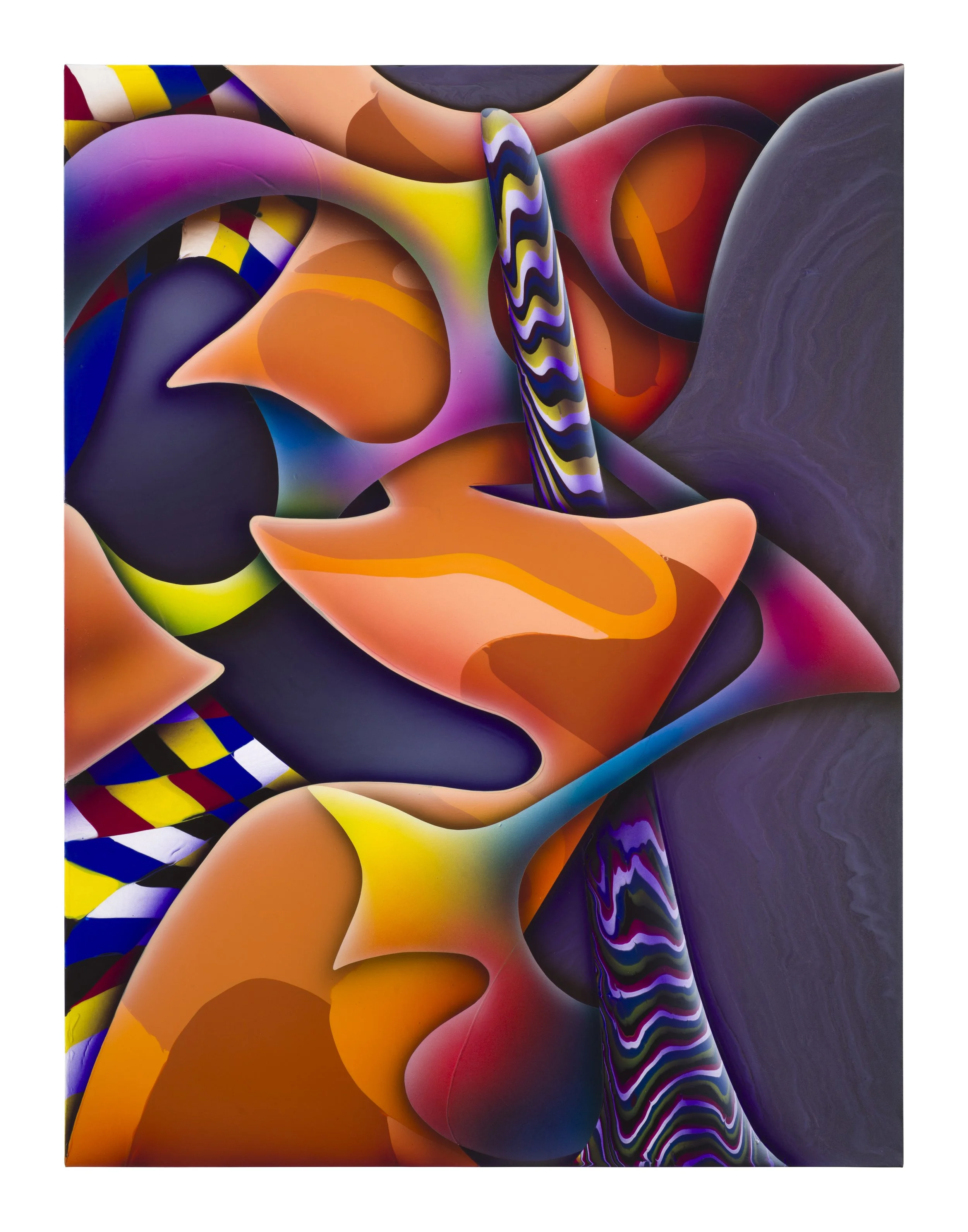 Abstract colorful artwork with swirling patterns and shapes including purple, orange, pink, yellow, blue, and black, resembling a painting by artist Harm Gerdes. It was shown at Art Basel Miami Beach 2025, Kabinett section.