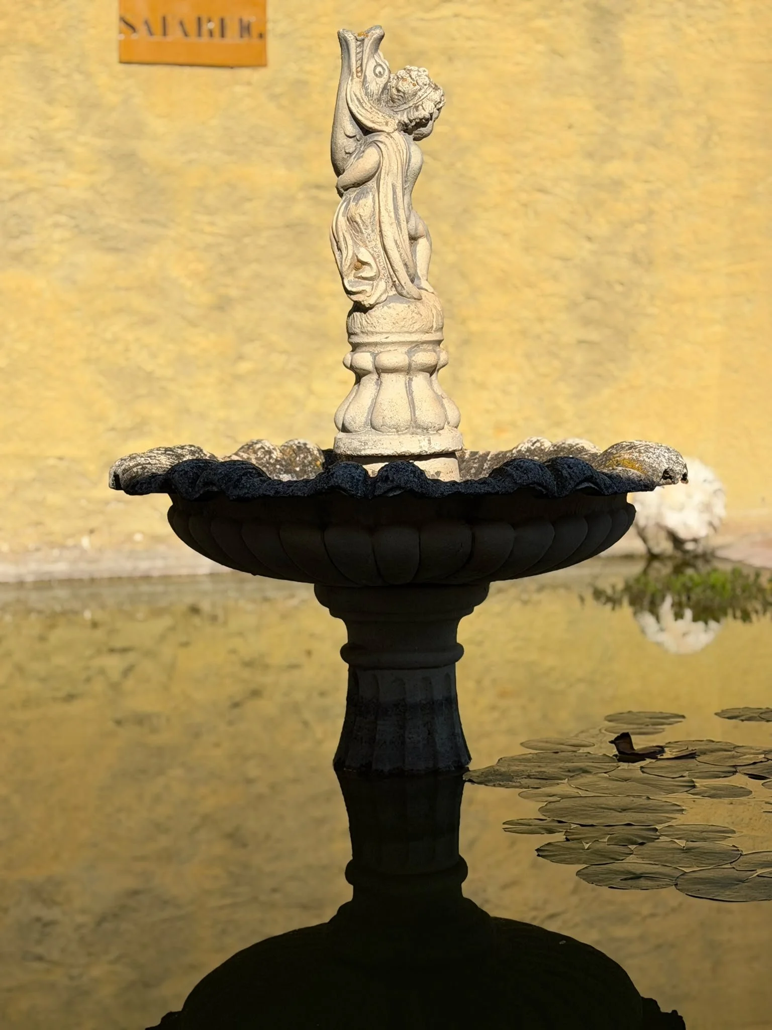 A decorative stone fountain with a classical statue of a woman and a lion's head, surrounded by water lilies and rocks, against a yellow wall.