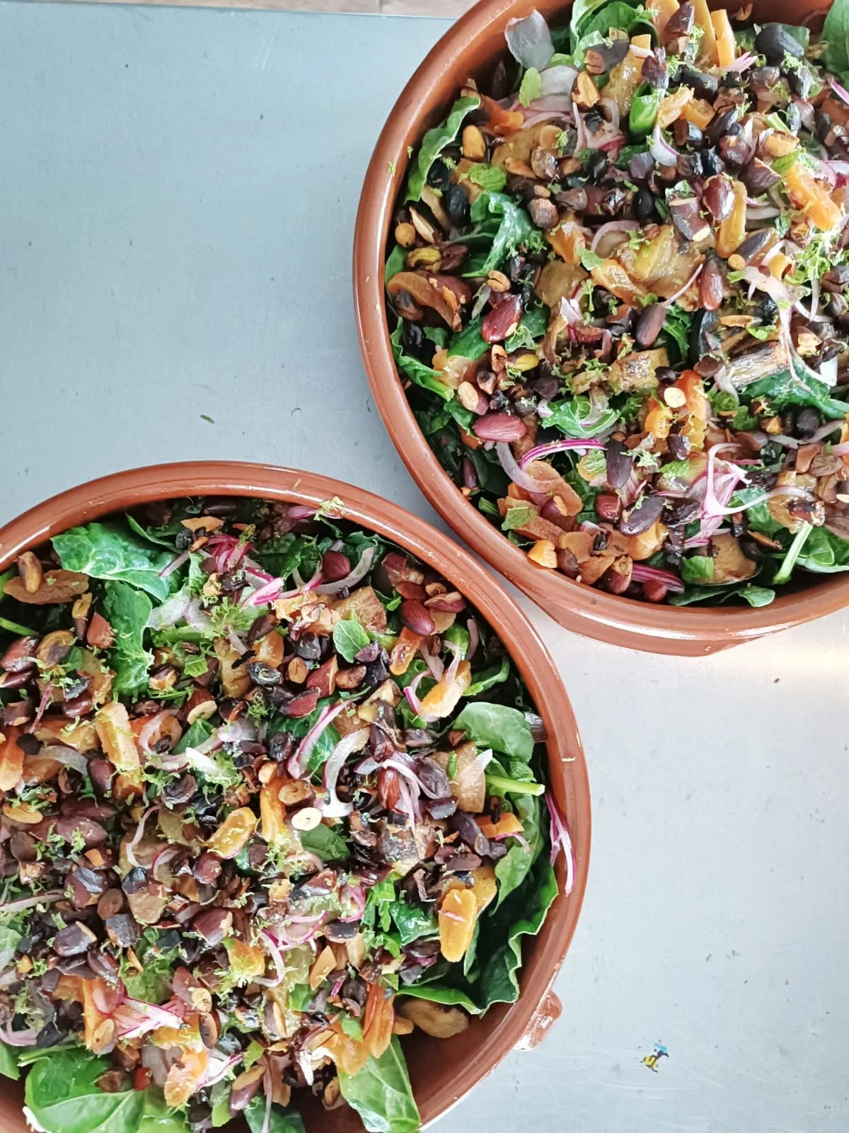 Two terracotta bowls filled with fresh green leaf salads containing chopped vegetables and seeds, placed on a light gray surface.