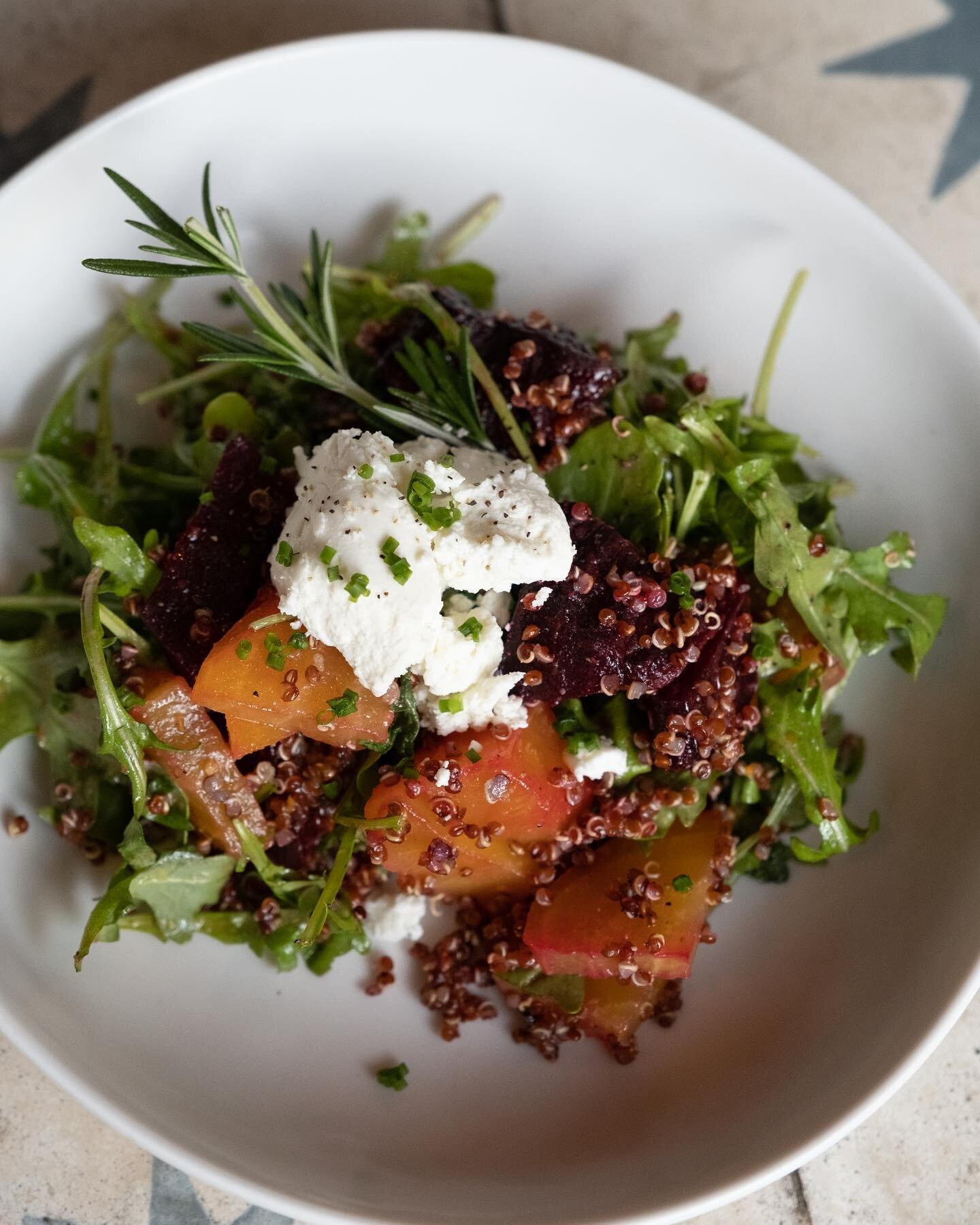 Roasted red &amp; gold beets, quinoa, arugula, goat cheese, vinaigrette // brand new and available on our lunch &amp; dinner menus starting this weekend