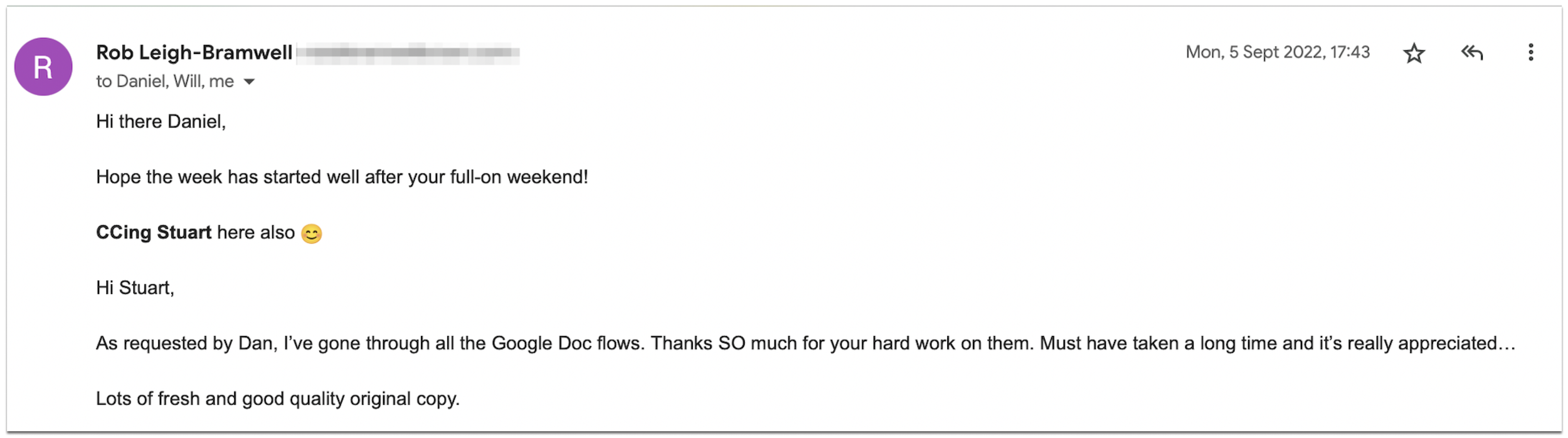 As requested by Dan, I've gone through all the Google Doc flows. Thanks SO much for your hard work on them. Must have taken a long time and it's really appreciated... Lots of fresh and good quality original copy.