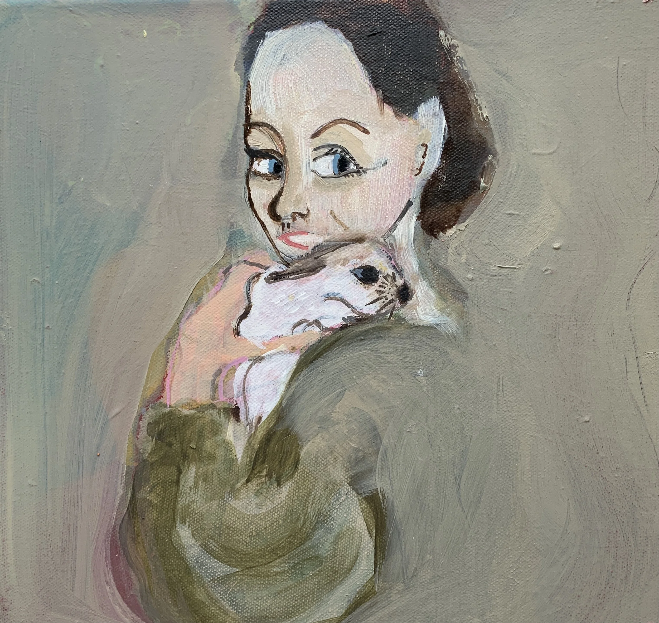 Laura and the house rabbit ( 2025) , Oil on Canvas 25x 25 cm 