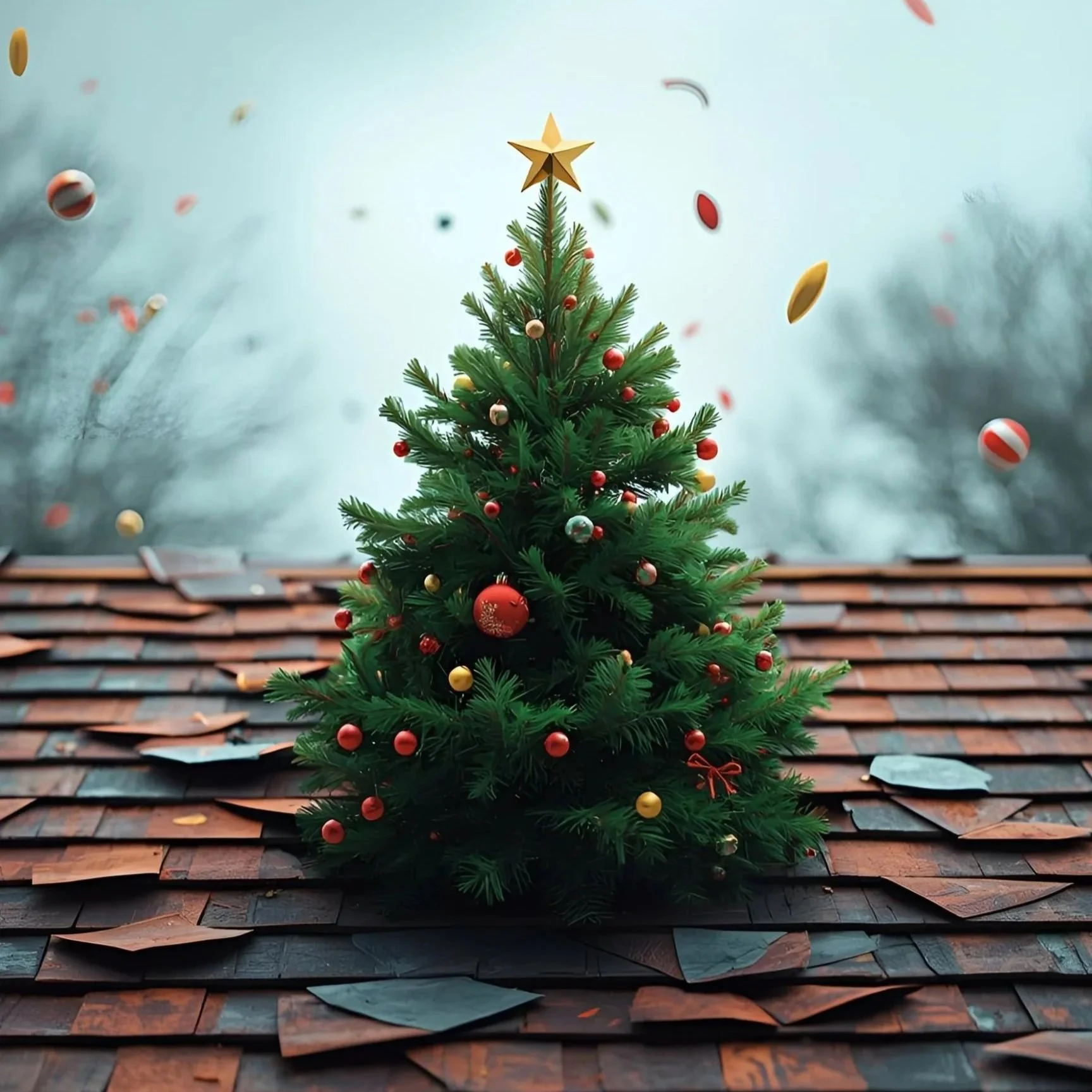 A christmas tree bursts through a roof.