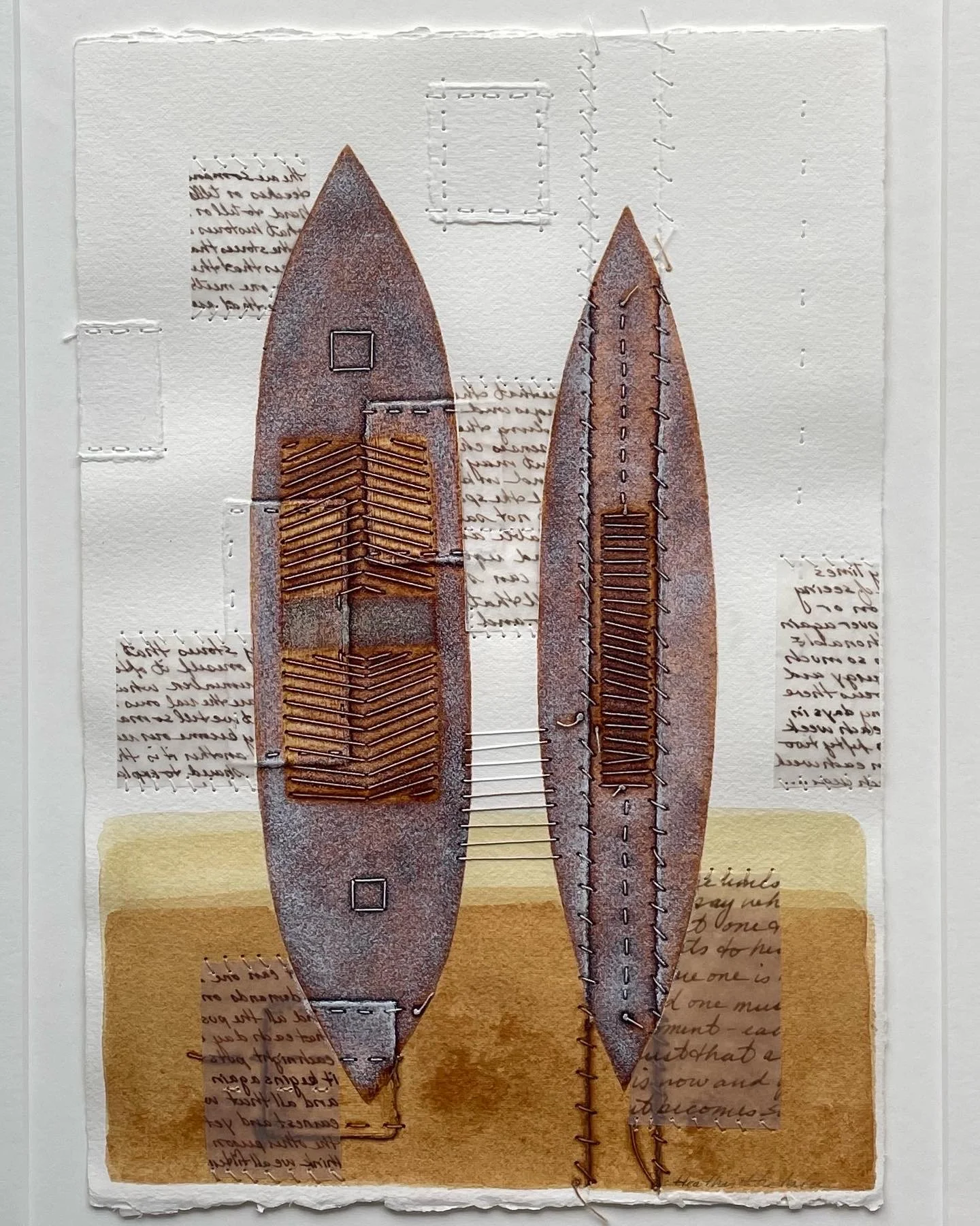 a work on paper; two vertical pod/vessel shapes done in persimmon tannin with stitching and in the background scattered patches of vellum with words written on them