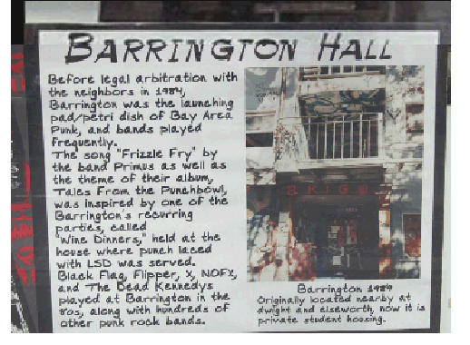 Poster memorialzing Berkeley's Barrington Hall in the window of Rasputin's Records