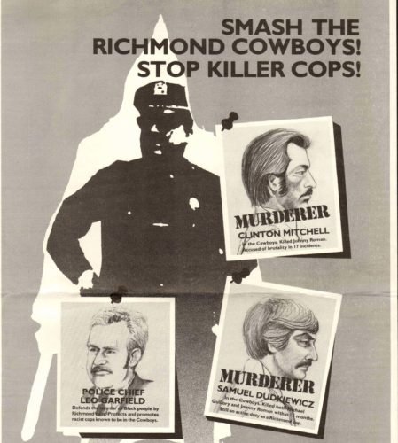 Poster protesting the activities of the Cowboys, a gang of violent racist cops operating within the Richmond CA Police Department, circa 1983