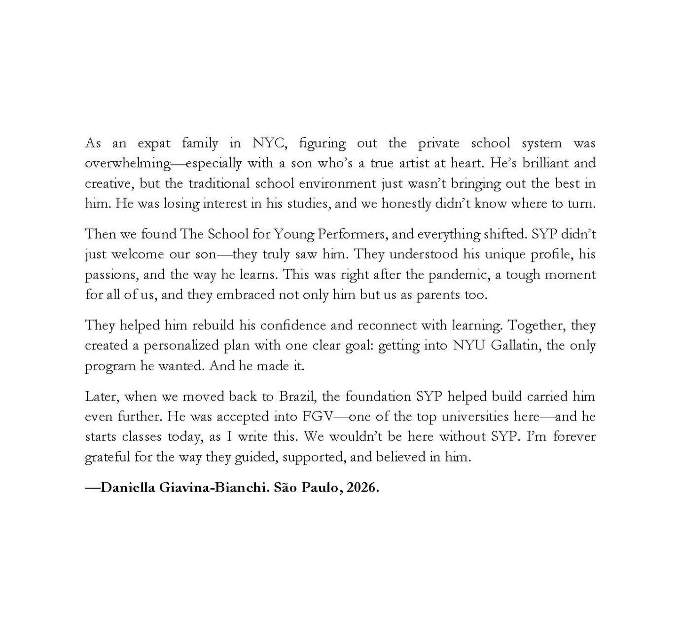Selection of SYP Testimonials - Global Edition. No matter where you are in the world or what your goals are, SYP's bespoke one on one K-12 private school can support you. www.schoolforyoungperformers.org