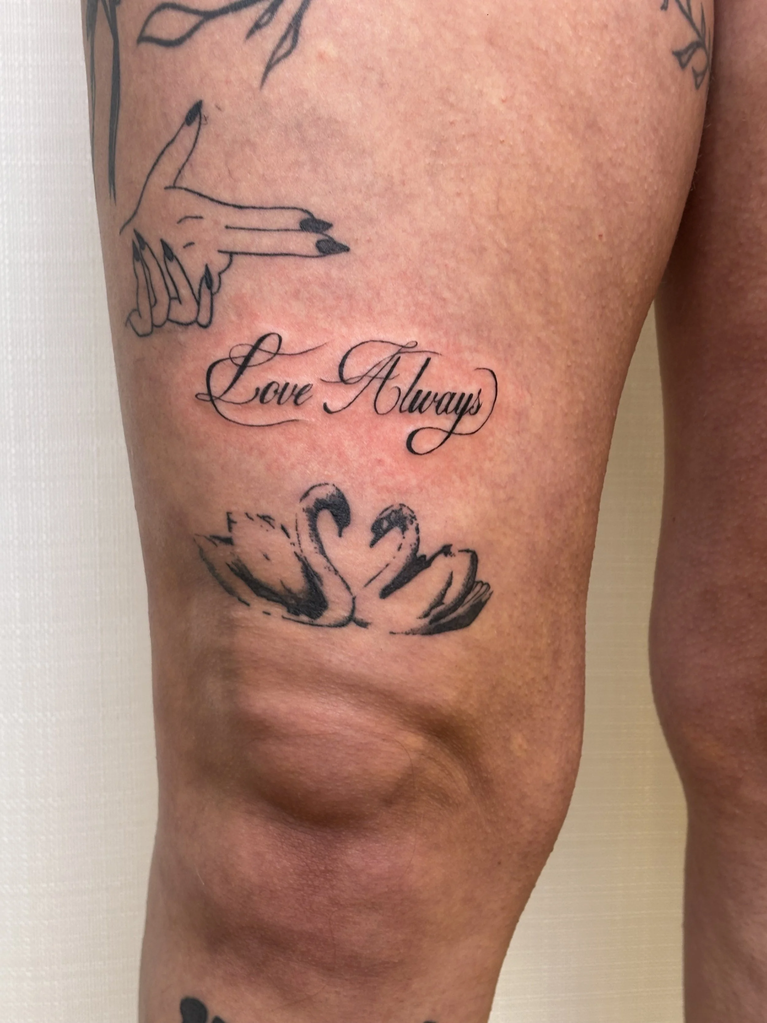 A tattoo of "Love Always" done by Brooke Kalynn