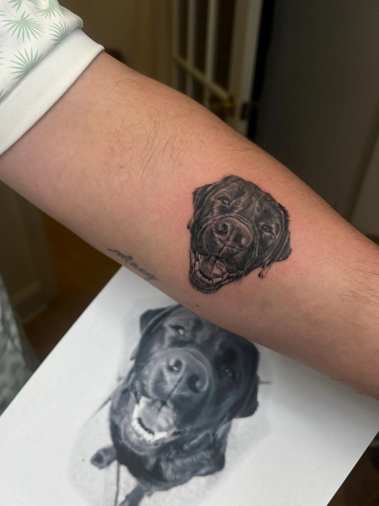 A realistic tattoo of a dog's face