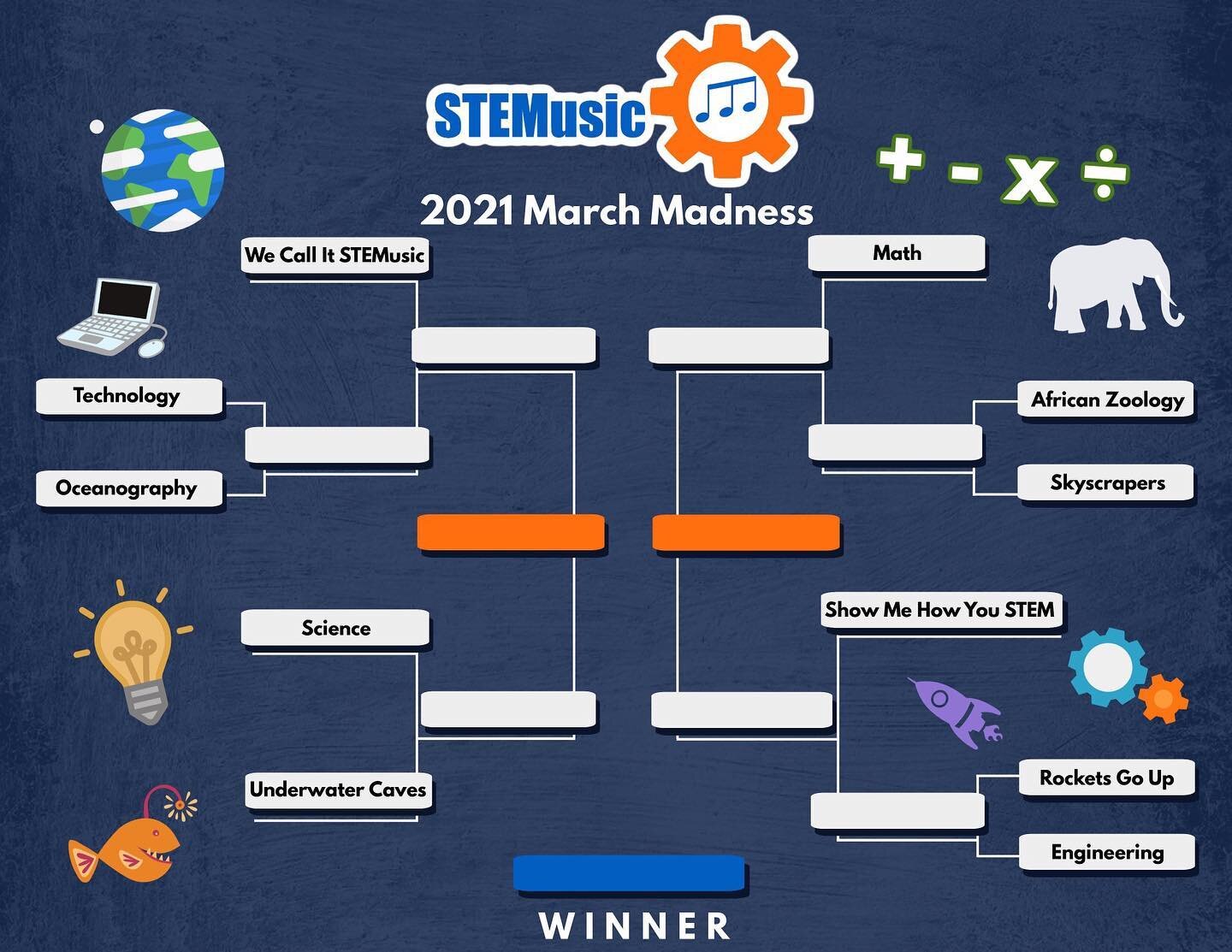 STEMusic March Madness Starts Tomorrow!!! 

Download your bracket and fill it out. What song do you think will win it all???

Link in Bio! 

#marchmadness #STEMusic #LetsGo #STEM #STEAM #Vote #Fun #Basketball #Music #NCAA #Bracket #Bracketology #song