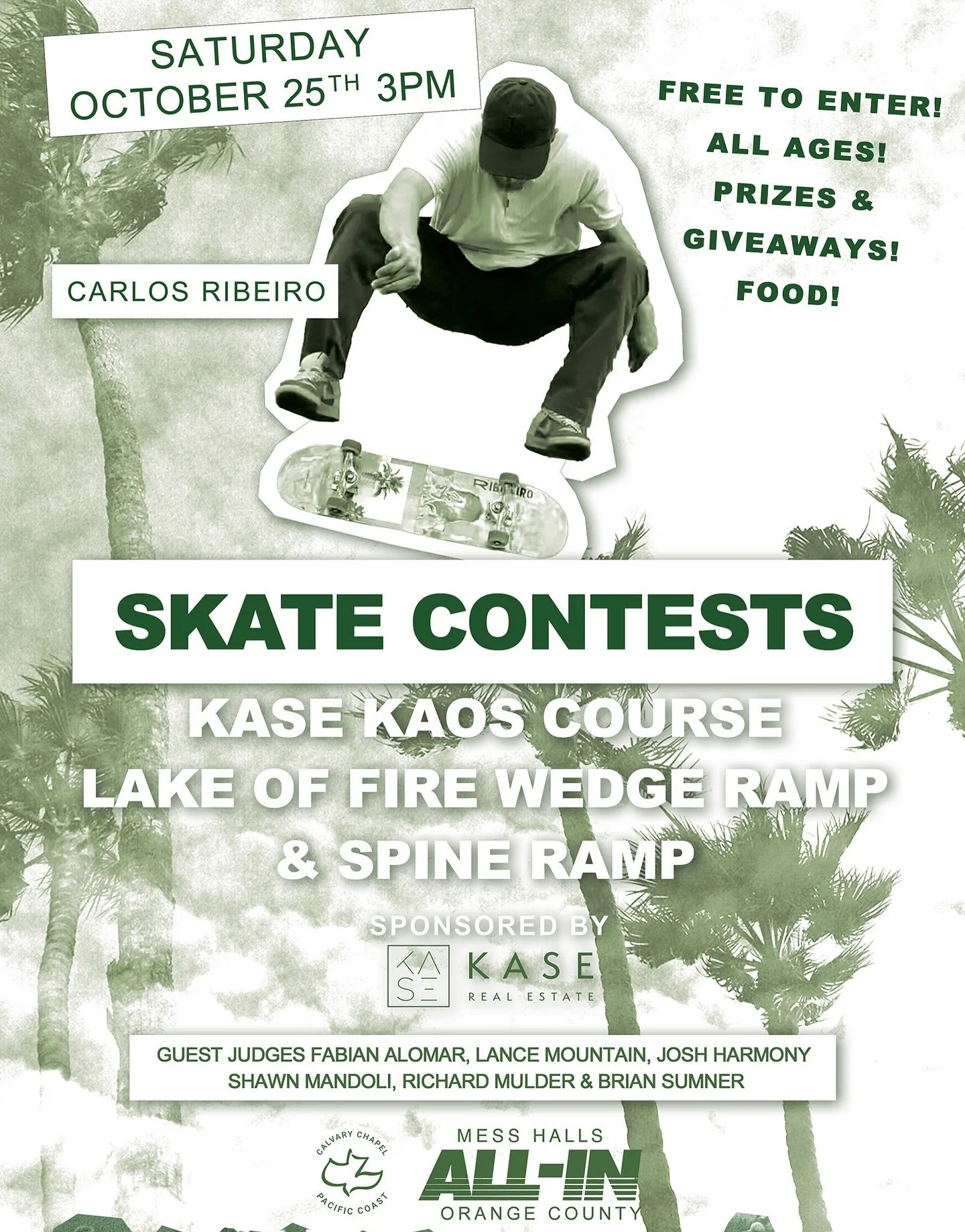 SKATE CONTEST! 
FREE TO ENTER // ALL AGES // PRIZES // FREE GIVEAWAYS // FOOD 
SATURDAY // OCTOBER 25th // 3:00pm-9:00pm
There will be a series of 3 skateboard contests in which skaters can enter to win prizes— there will be a KASE KAOS Cour