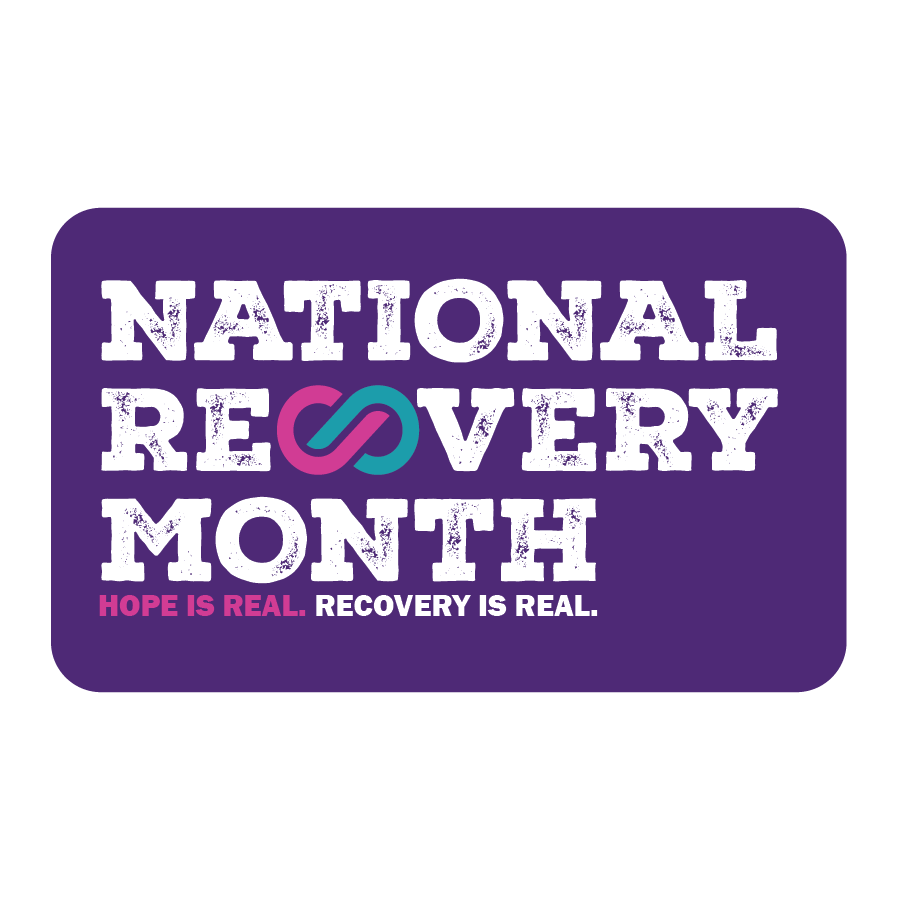 A graphic promoting National Recovery Month with the text 'Hope is real. Recovery is real.' and a purple background, featuring a symbol combining pink and teal elements.