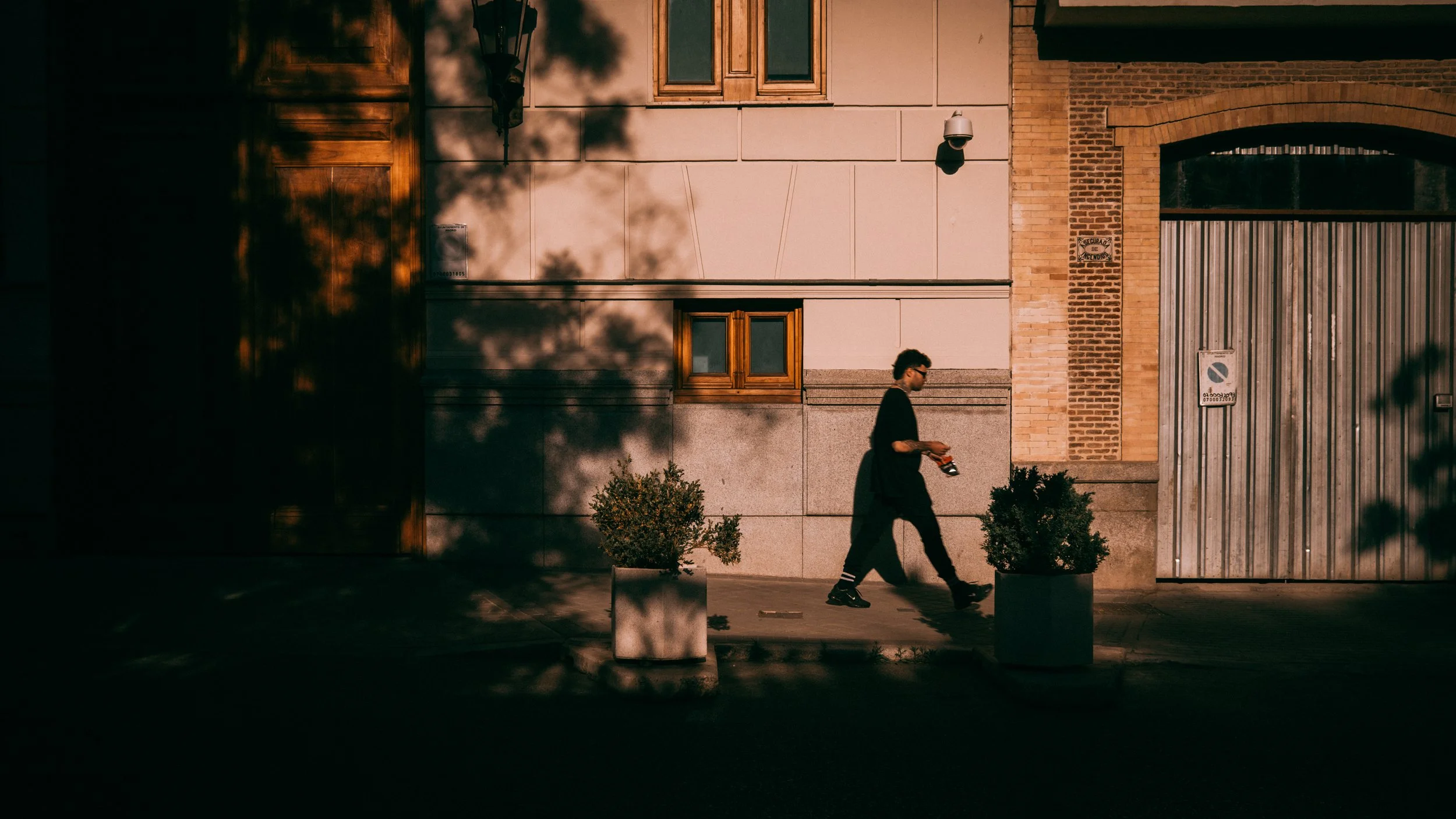 A person walking on a sidewalk next to a modern building with brick and concrete walls, small shrubs in planters, and shadows of trees cast on the wall in late afternoon or early evening.