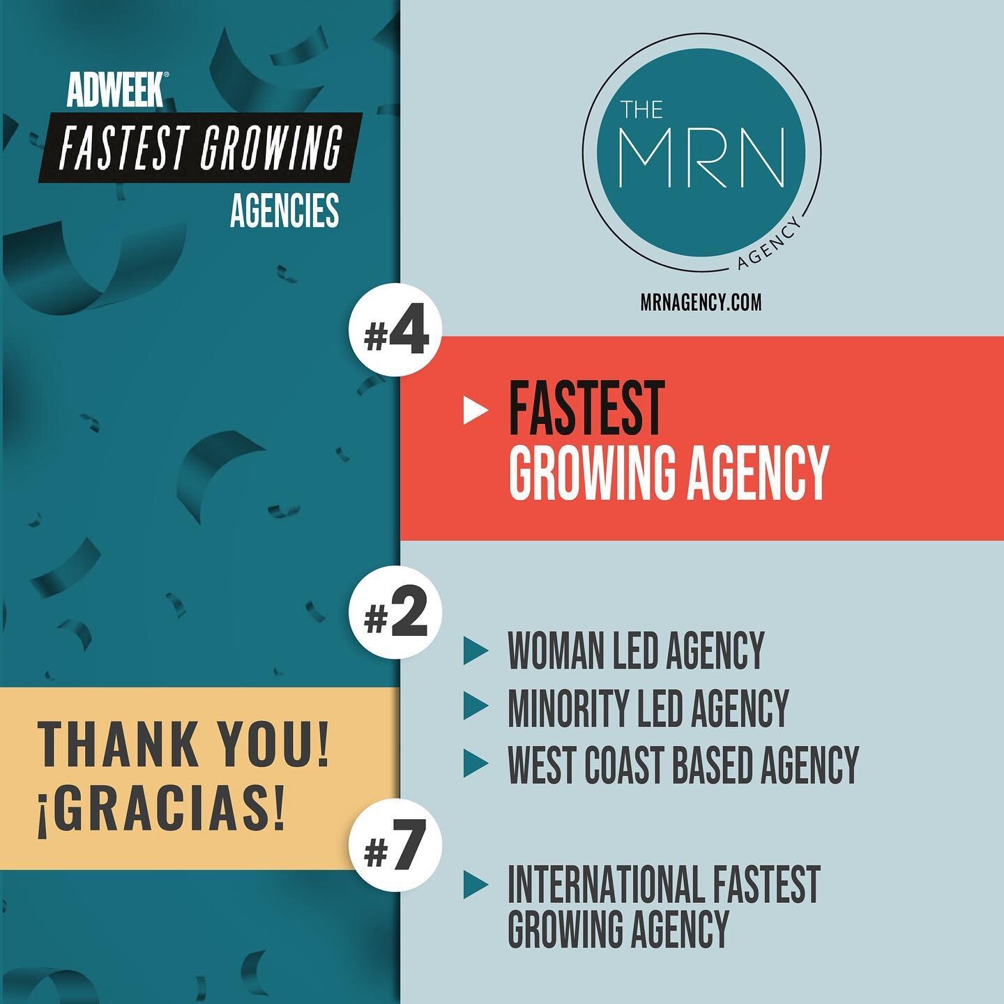 🚨We are thrilled to announce that The MRN Agency has been recognized by @adweek as #4 on the 75 Fastest Growing Agencies 2022 list! 🎉🍾

We are humbled by this accolade and especially appreciative to our clients who have believed in our small agenc