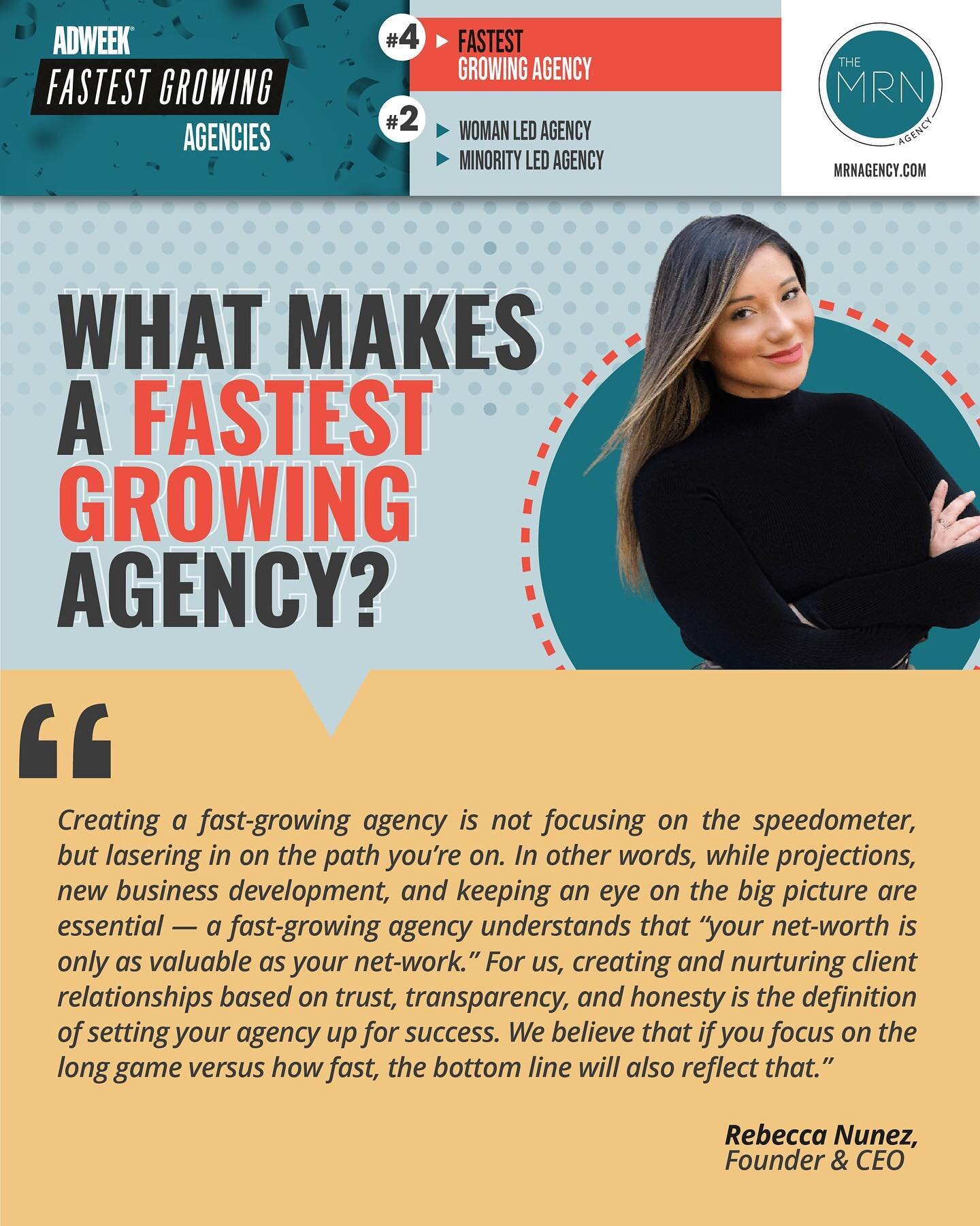 What makes a &quot;Fastest Growing Agency&quot;?

Our Founder and CEO, Rebecca Nunez, tells us what it took to catapult a boutique agency into the national spotlight.

#adweek #fastestgrowingagencies #womenowned #womenled #minorityled #minorityowned 