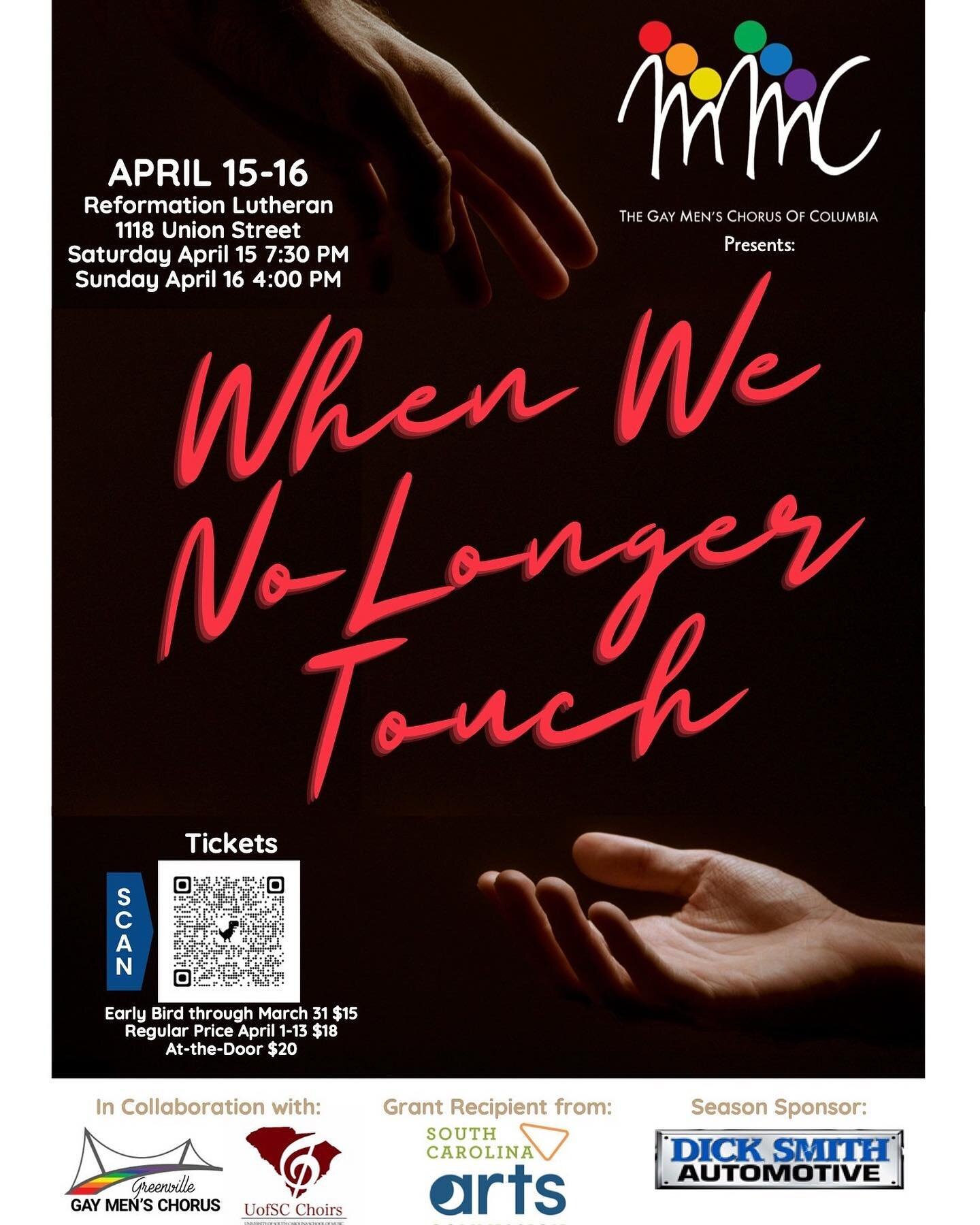 Please come and join us at Reformation Lutheran in Columbia this weekend for &ldquo;When We No Longer Touch,&rdquo; part of our concert series for this season. There will be two concerts to attend: one on Saturday, April 15th at 7:30, and one on Sund