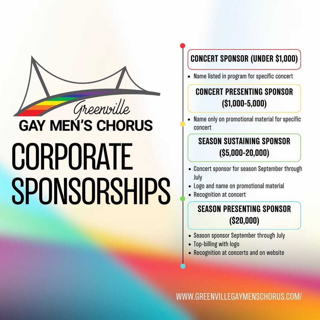 We&rsquo;re incredibly excited to roll our our new corporate sponsorship levels. Partnering with supportive businesses across the Upstate helps us continue to lift up LGBTQ voices, which is critical these days. With our Pride show less than one month