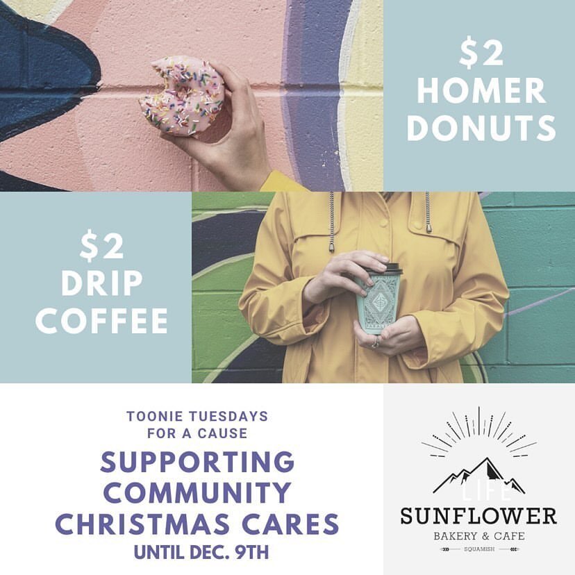 Hey peeps, starting tomorrow Tuesday 24th &amp; Tuesday 1st December we are throwing down the hammer to raise as much cashola 💰 as we can for Community Christmas Cares.
by having our homer donuts and 12oz drip coffees for a toonie each!! 
Yup Toonie