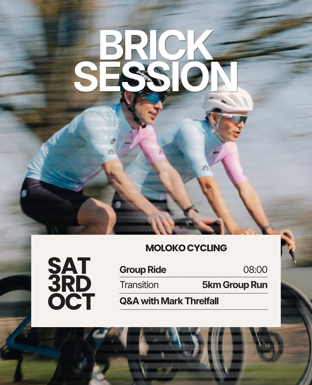 T3 hits London!

Join us Saturday 3rd October at @_thisismoloko for a social &ldquo;brick session&rdquo;.

Details:
7:30am meet at Moloko
8am roll out
Ride | 50km Walton Loop / 34km Richmond Laps
10am transition and refuel at Moloko
Run | 6km run, yo