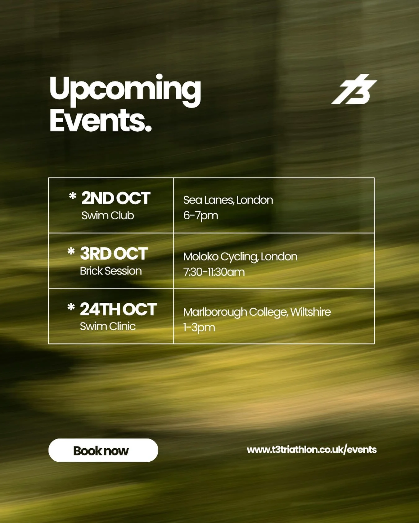 October events. 
This month we&rsquo;re providing swim analysis, underwater filming, a fun swim session in Sea Lanes, a group brick session, and a Q&amp;A.

If you&rsquo;re interested in any, drop us a message, or book on (links in our bio)