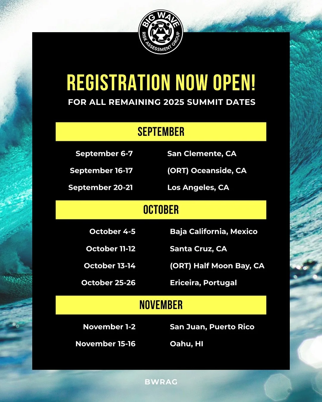 Registration NOW OPEN for all remaining 2025 summits! Link in bio to join @b.w.r.a.g at a summit location near you 🤙 

Mahalo to our &ldquo;Partners in Safety&rdquo;:

Legacy Sponsor: @patagonia_surf 

Presenting Sponsor: @bencarlson_foundation 

Af