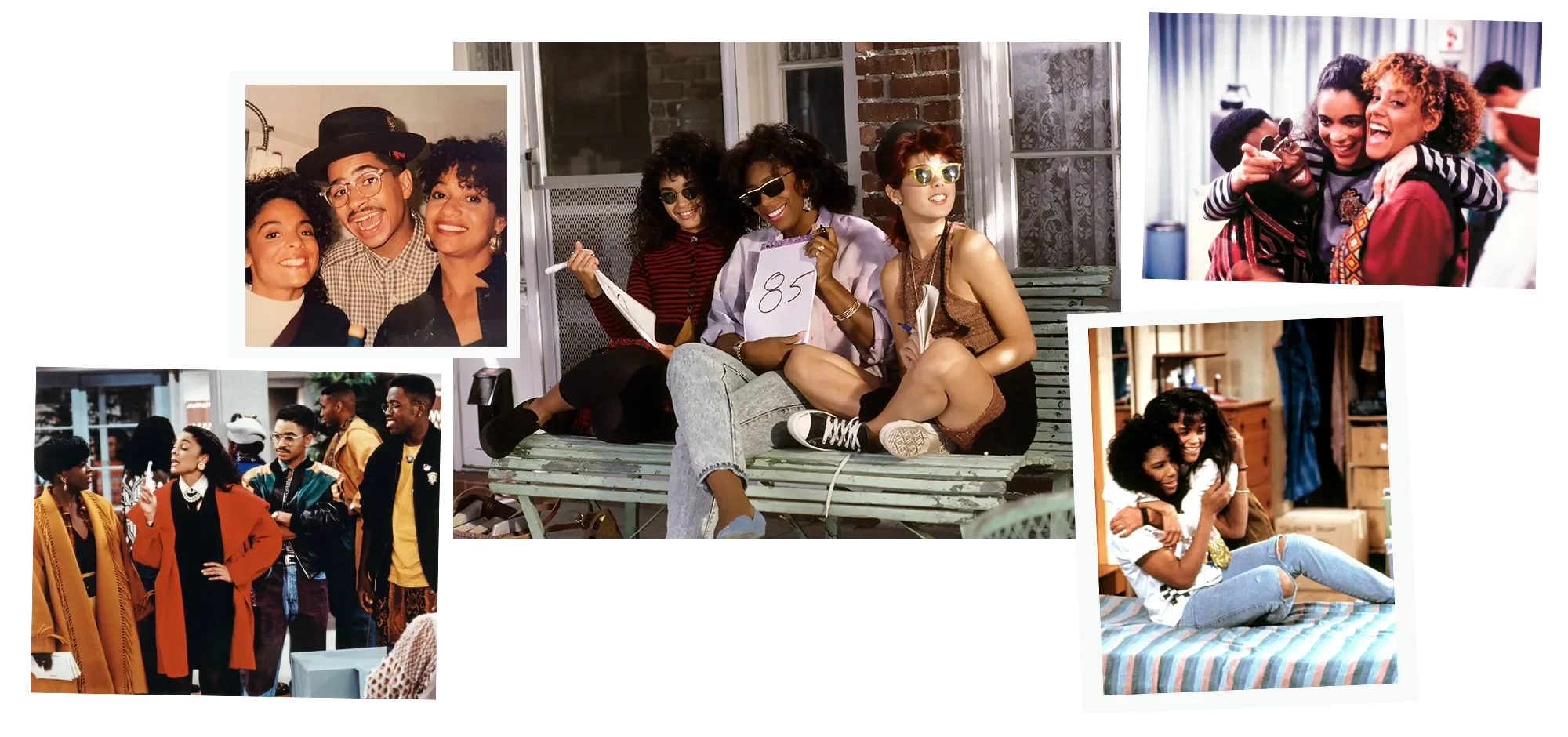 Collage of five vintage-style photographs of diverse young women and friends enjoying various social situations and moments of friendship and fun.