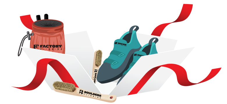 Open gift box with climbing shoes, chalk bag, and brush inside, decorated with red ribbons.
