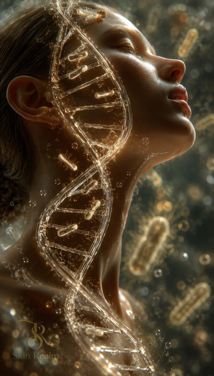 A close-up of a woman with closed eyes, with a glowing, transparent DNA double helix superimposed over her face, indicating a concept of genetic or biological wellness.