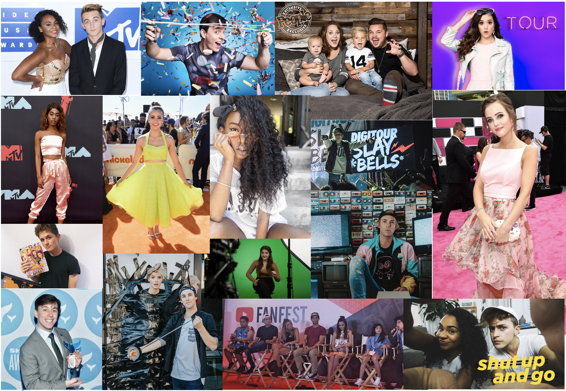 A collage of various digital creators at press events, including celebrities, a family, and groups participating in activities such as concerts, interviews, and award shows.