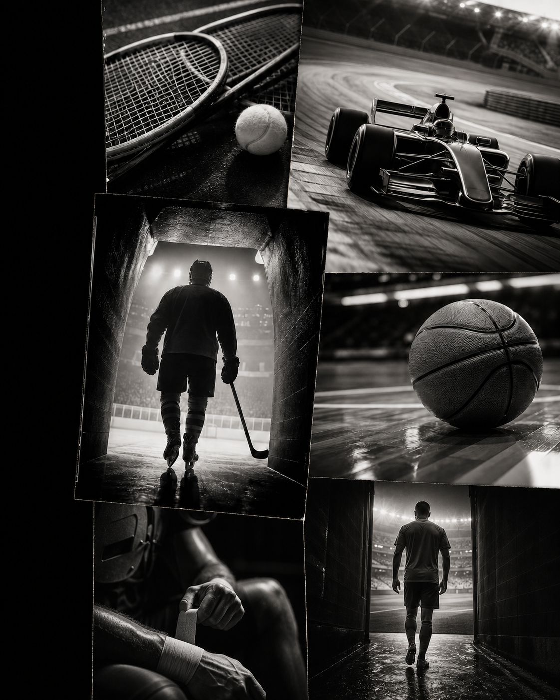 Collage of black and white sports images, including tennis rackets and a tennis ball, a racing car on a track, a hockey player walking through a tunnel, a basketball on a court, and a hockey player tying their gloves.