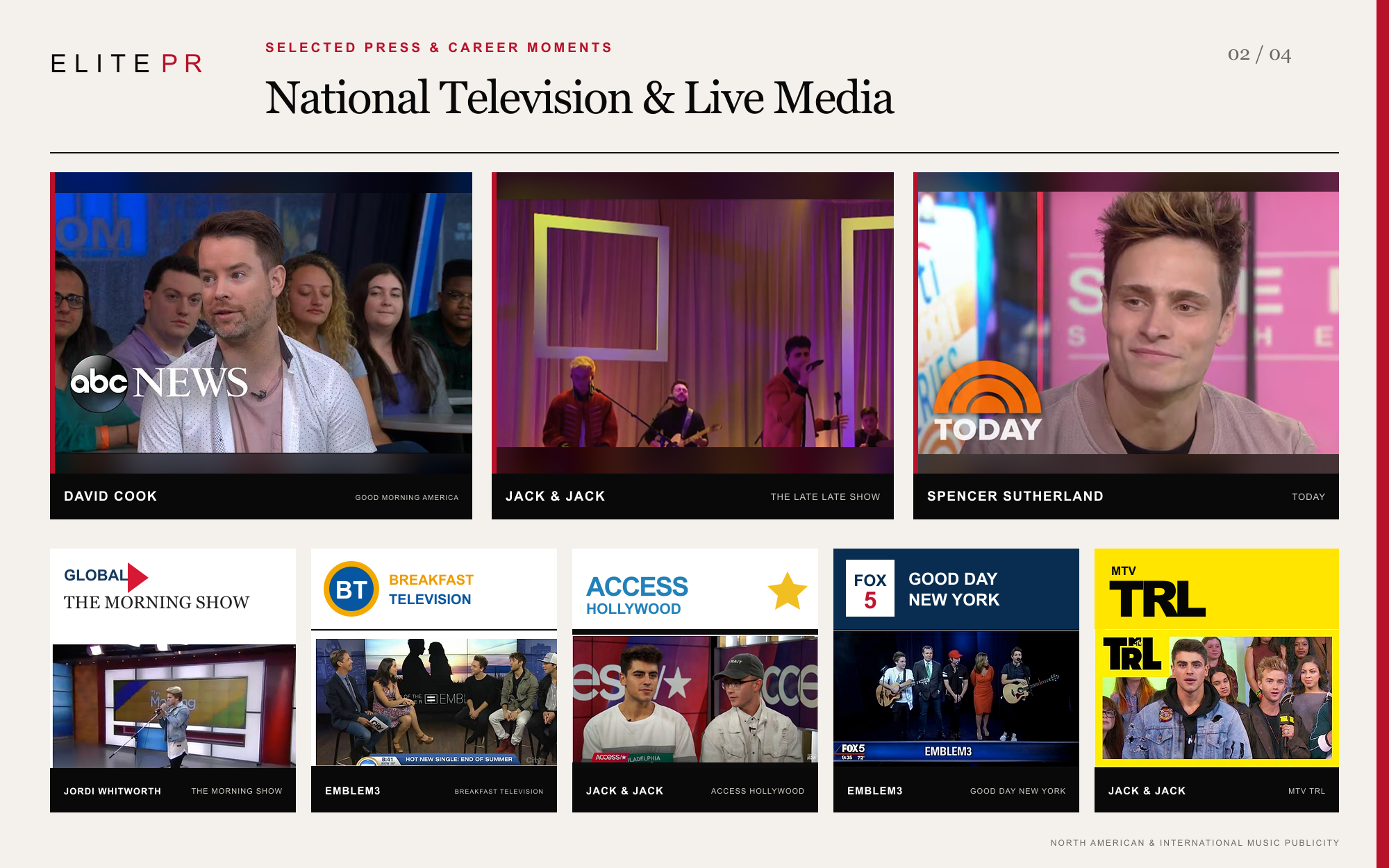 A webpage featuring Elite PR client television show thumbnails, including 'Good Morning America' with David Cook, 'The Late Late Show' with Jack & Jack, and 'Today' with Spencer Sutherland, among others.
