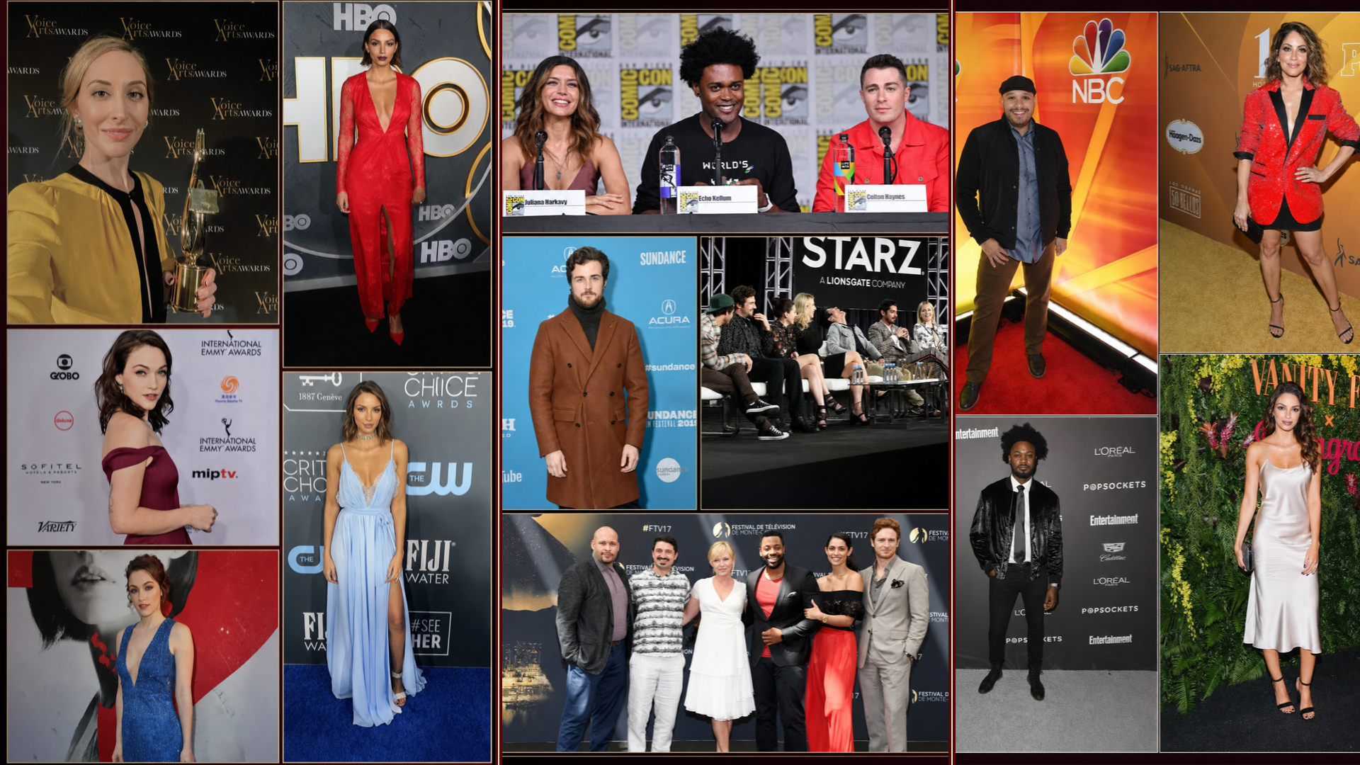 Collage of celebrities at various entertainment and award events, including red carpet appearances, press conferences, and panels.